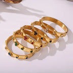 18K Gold Plated Clover Gemstone Hinged Bangle Bracelet