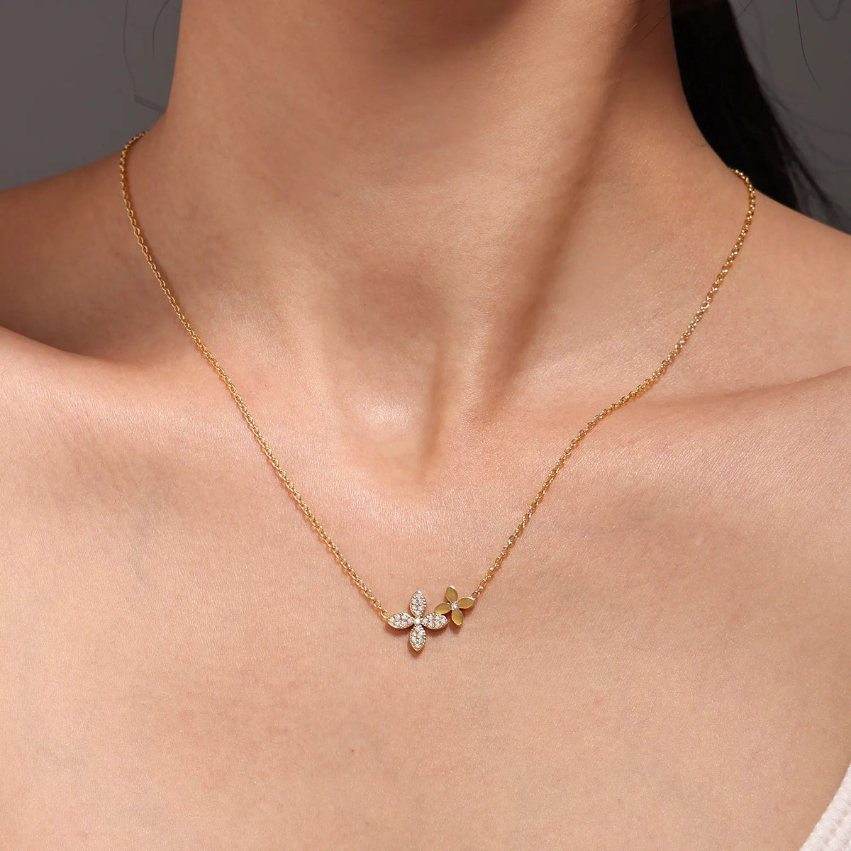 Dainty CZ Double Flower Layered Necklace & Bracelet Set