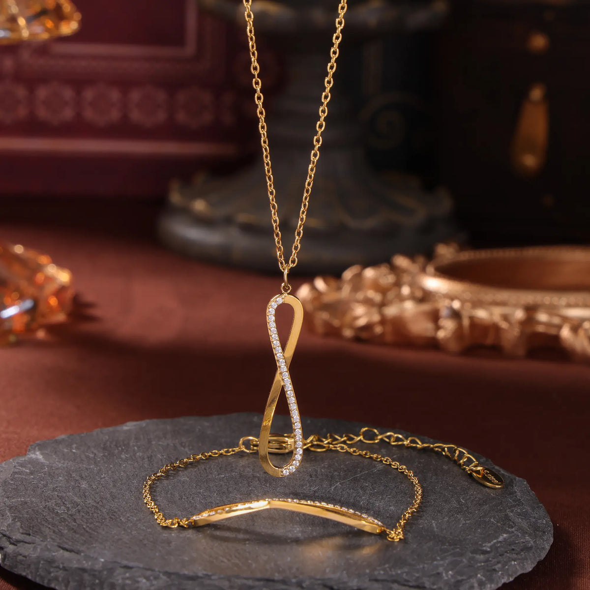 CZ Pave Infinity Loop Pendant Necklace & Curved Bar Bracelet Set