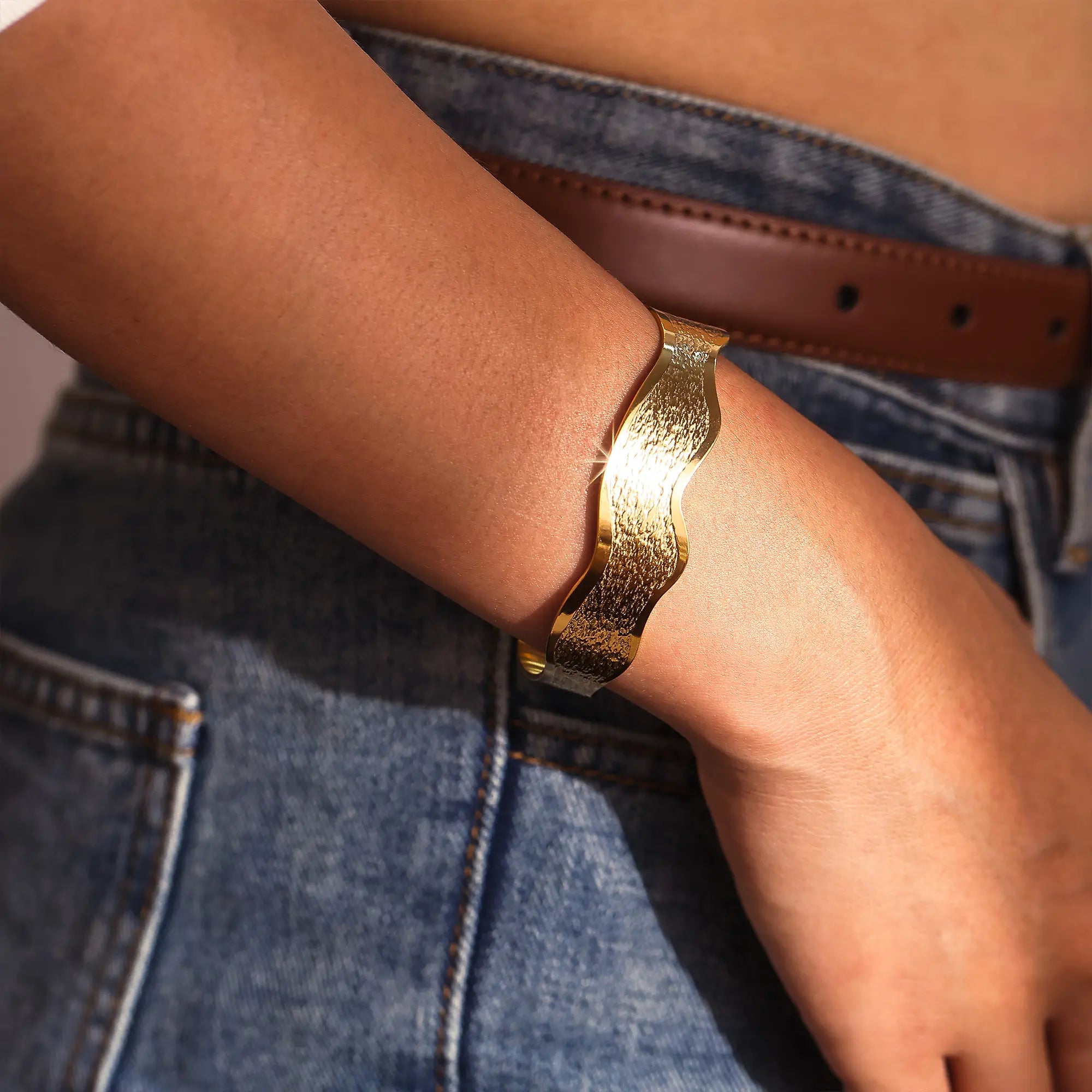 Textured Wave Open Cuff Bangle