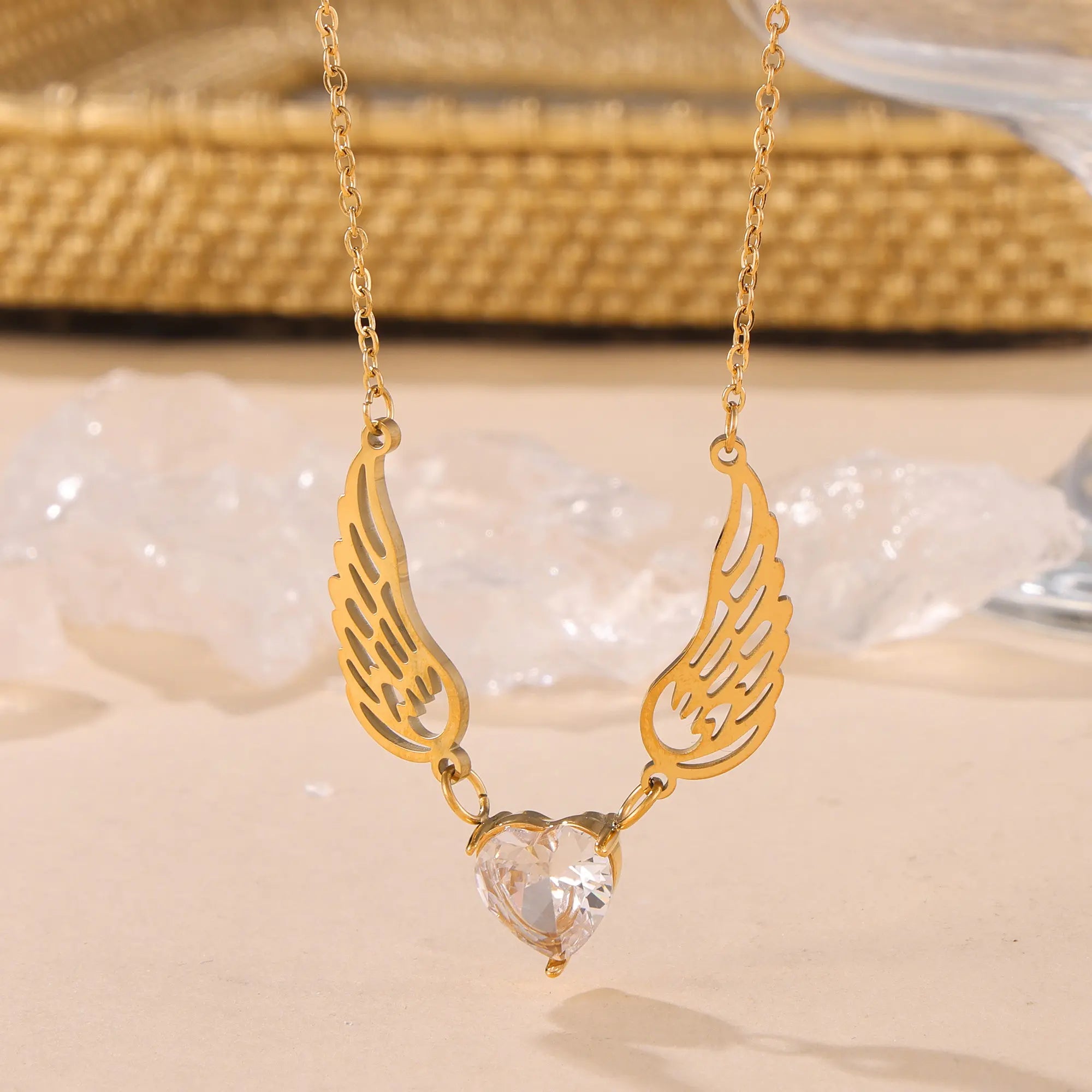 Angel Wings Heart Cubic Zirconia Pendant Necklace