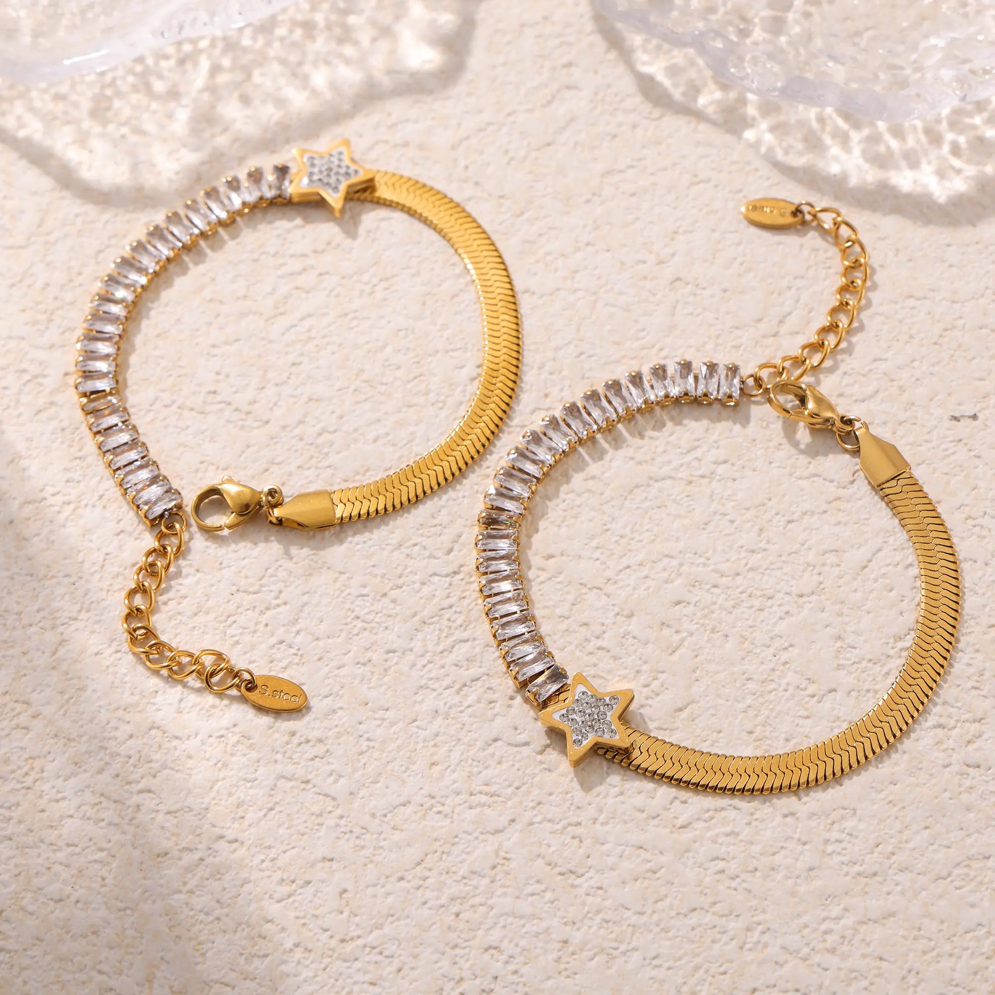 18K Gold Plated Star Baguette Cubic Zirconia Herringbone Bracelet