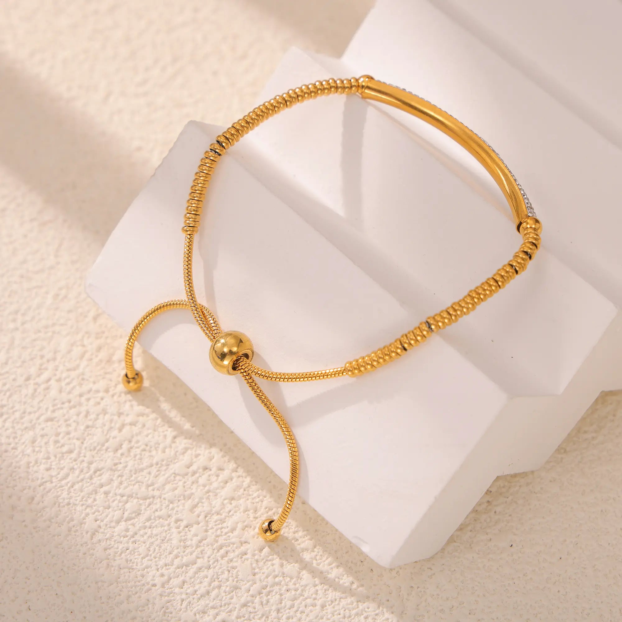 18K Gold Plated Curved Pave CZ Bar Snake Chain Slider Bracelet