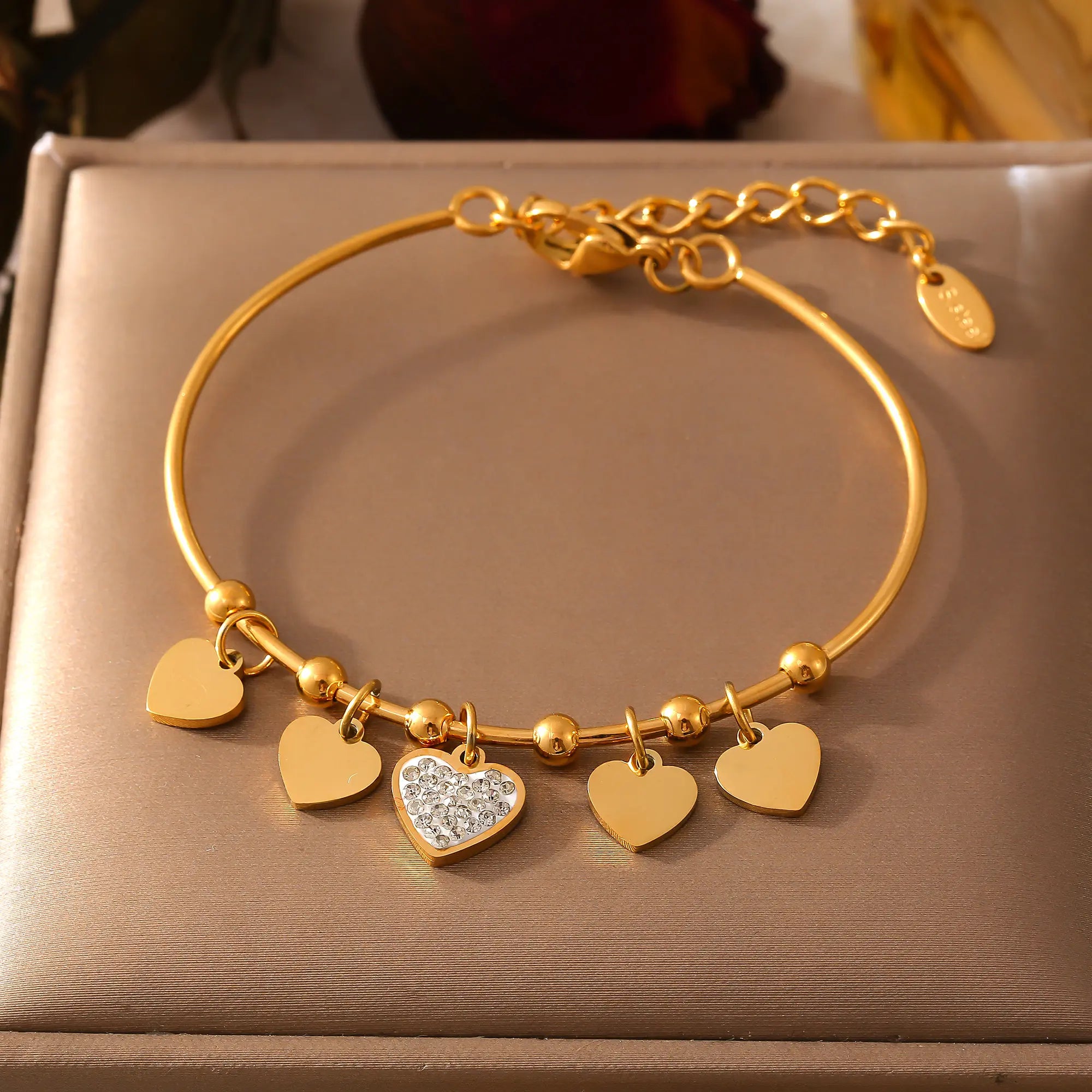 Pave Crystal Heart Charm Bangle Bracelet