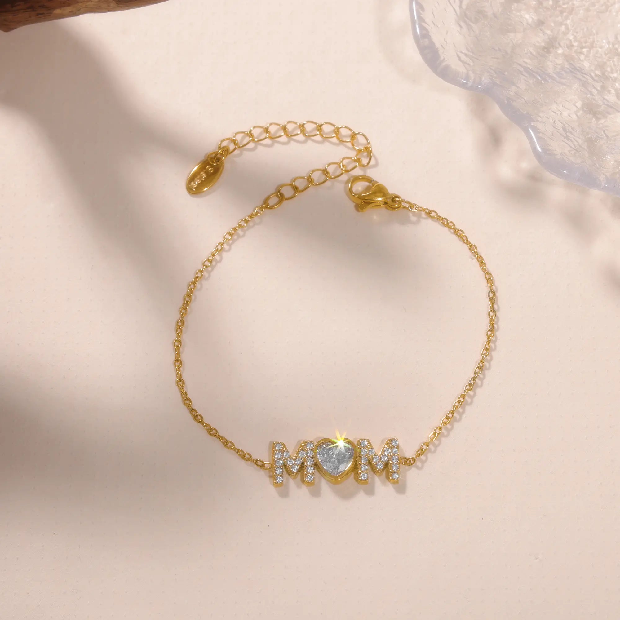 18K Gold Plated MOM Heart Crystal Chain Bracelet