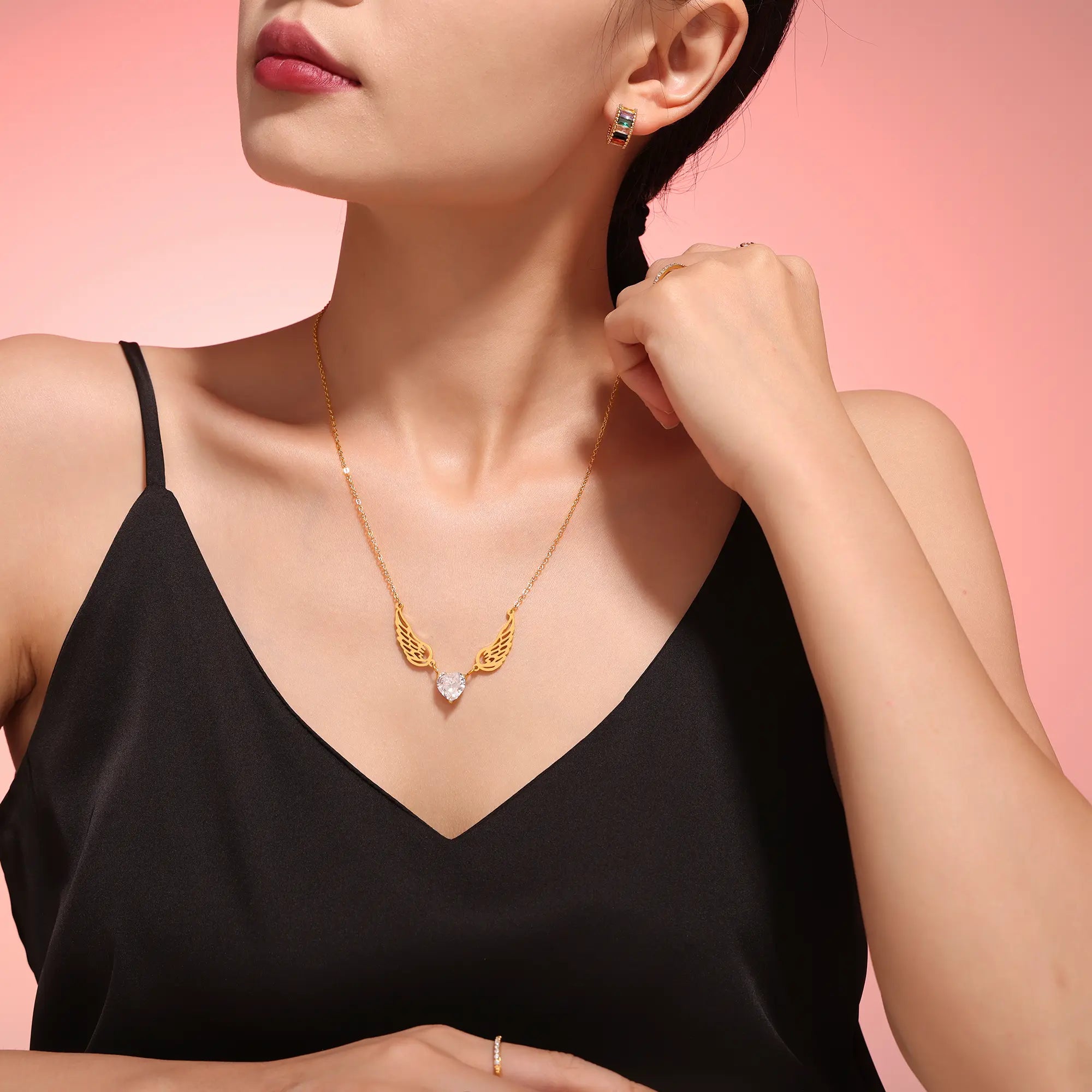 Angel Wings Heart Cubic Zirconia Pendant Necklace