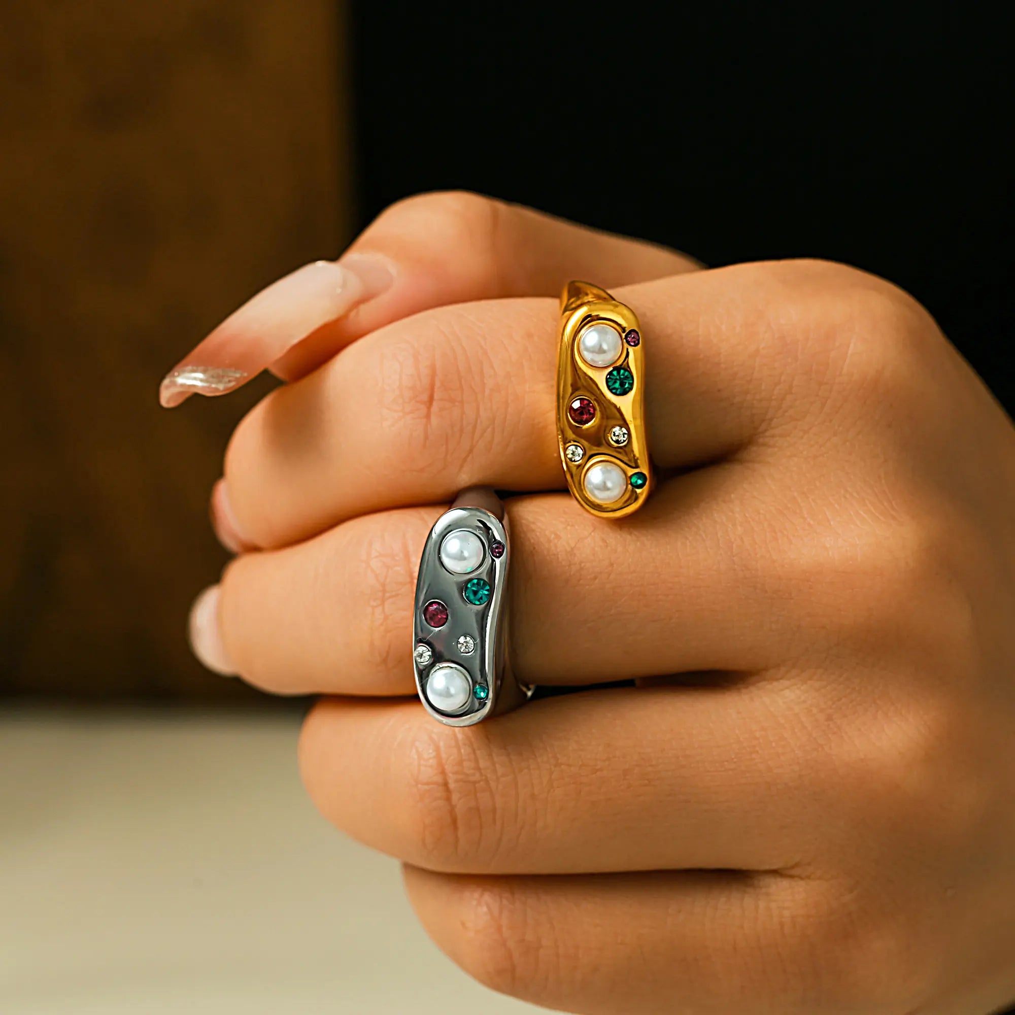 Vintage Colorful Crystal Pearl Open Ring