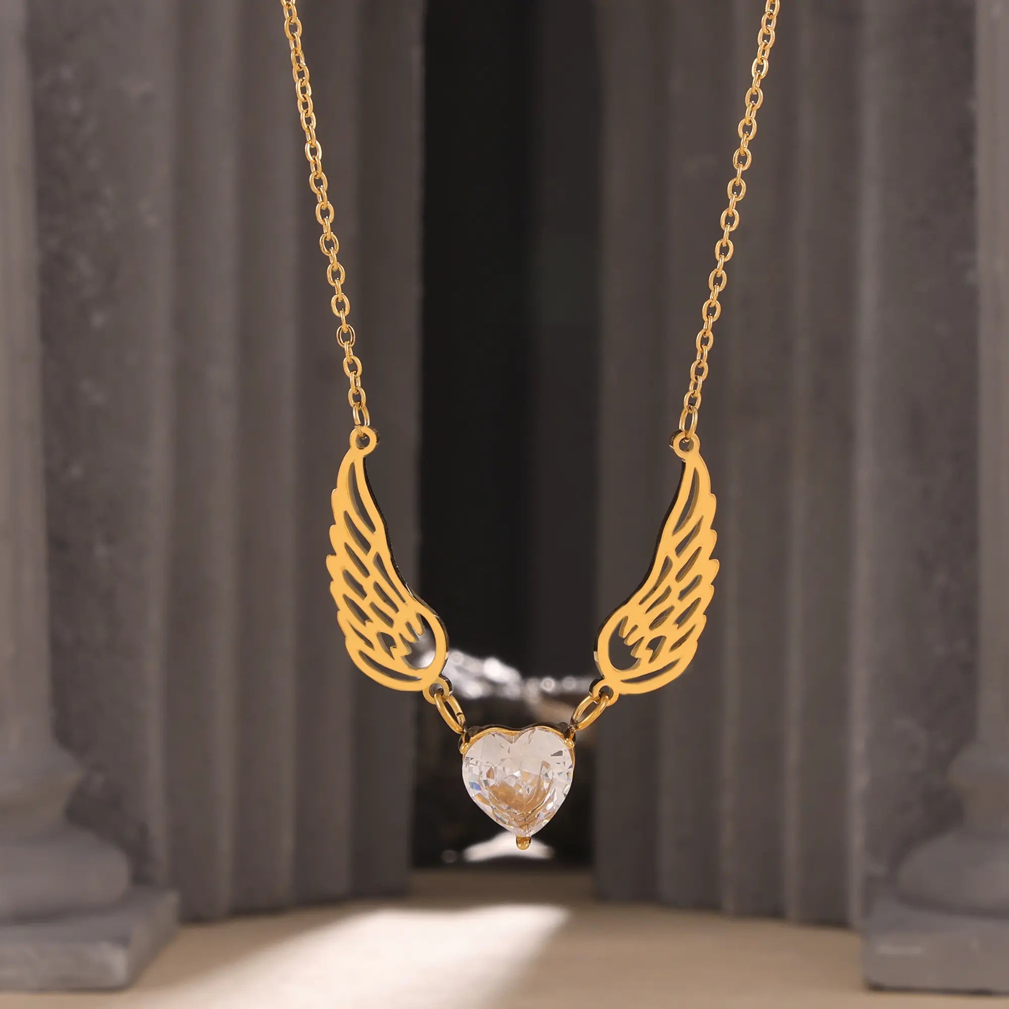Angel Wings Heart Cubic Zirconia Pendant Necklace