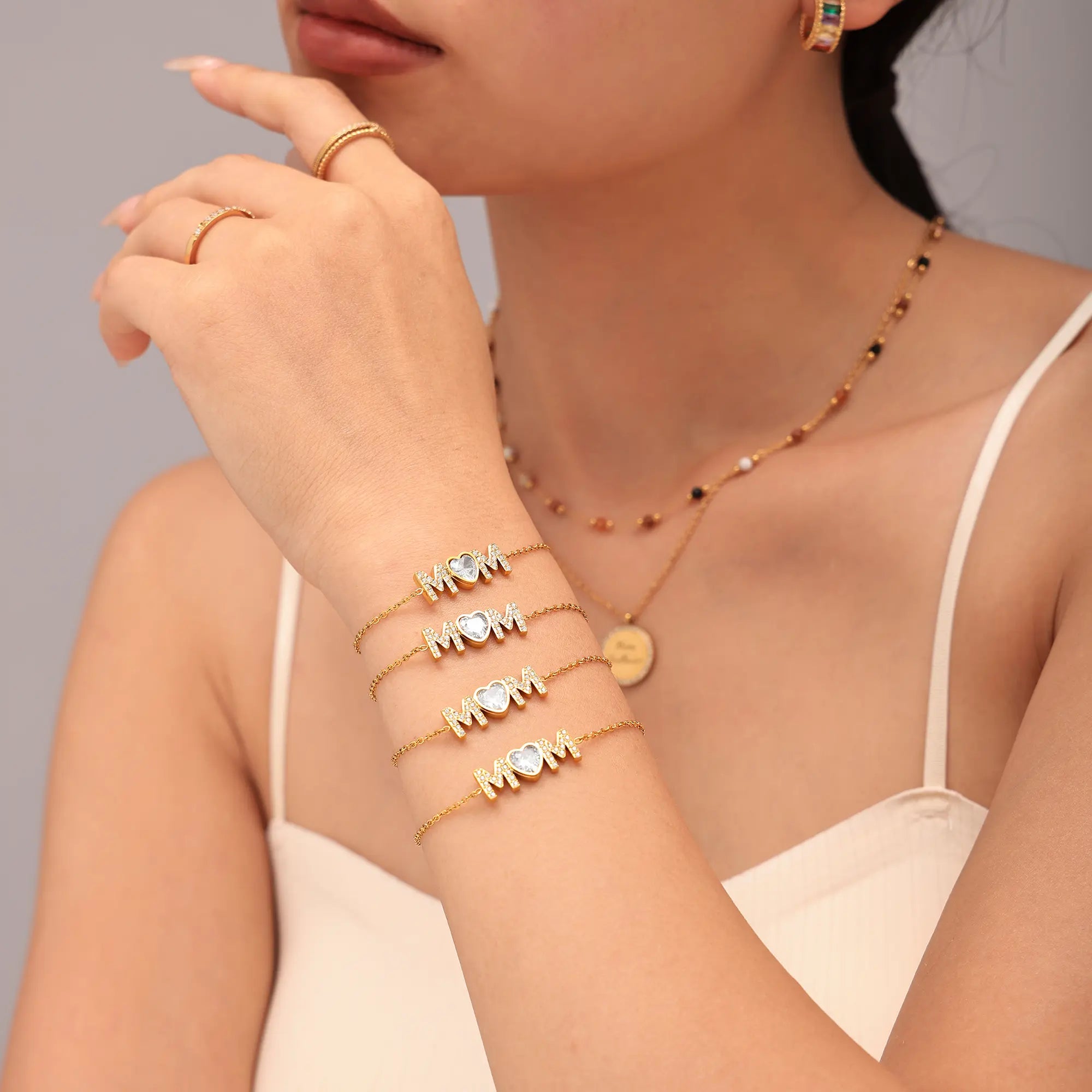 18K Gold Plated MOM Heart Crystal Chain Bracelet