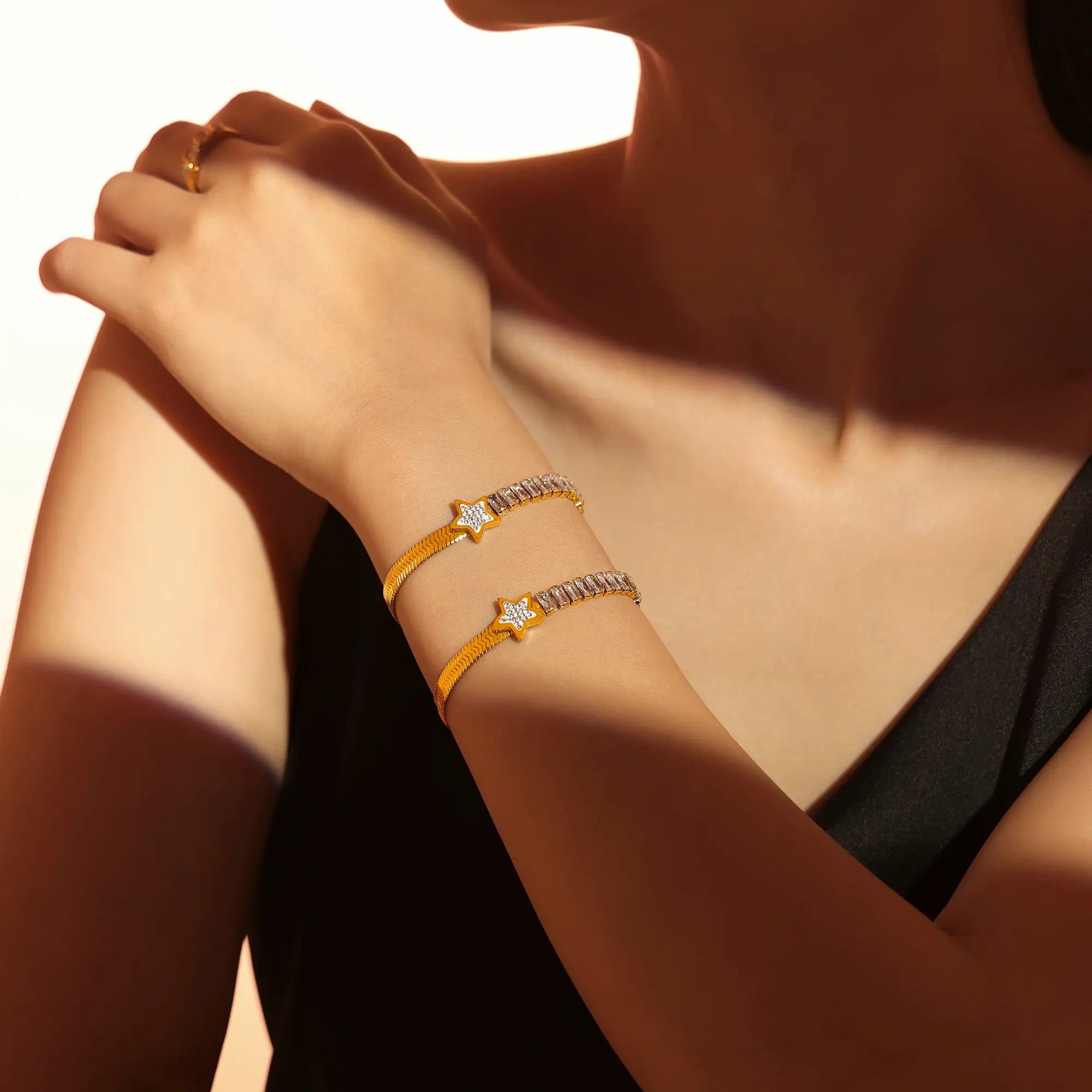 18K Gold Plated Star Baguette Cubic Zirconia Herringbone Bracelet