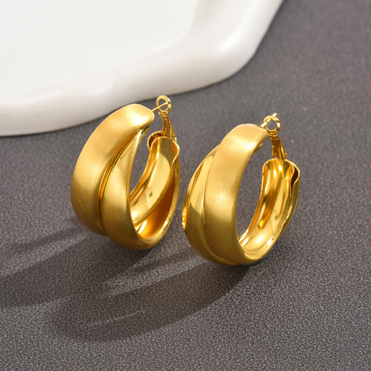 Vintage Textured Double Layer Hoop Earrings in 18K Gold Plated