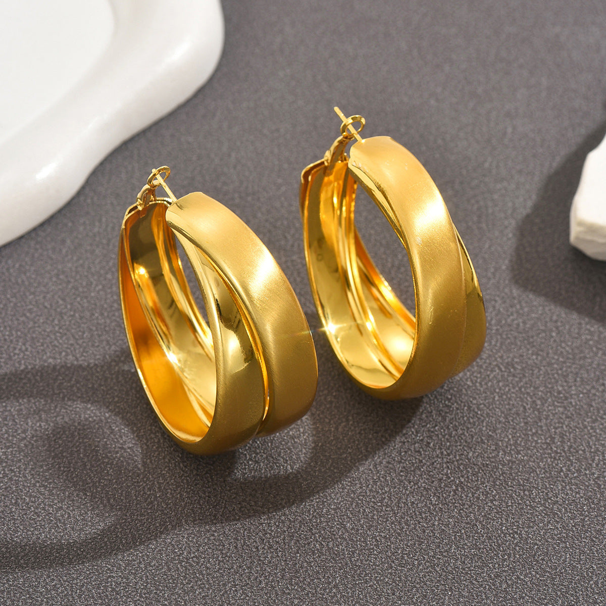 Vintage Textured Double Layer Hoop Earrings in 18K Gold Plated