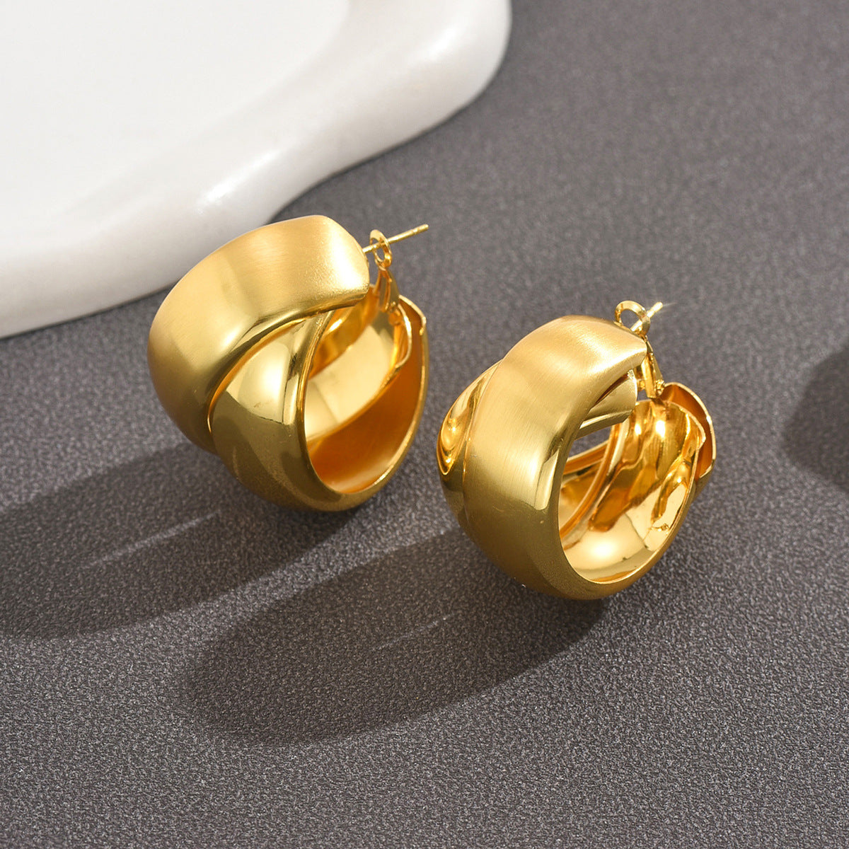 Vintage Textured Double Layer Hoop Earrings in 18K Gold Plated