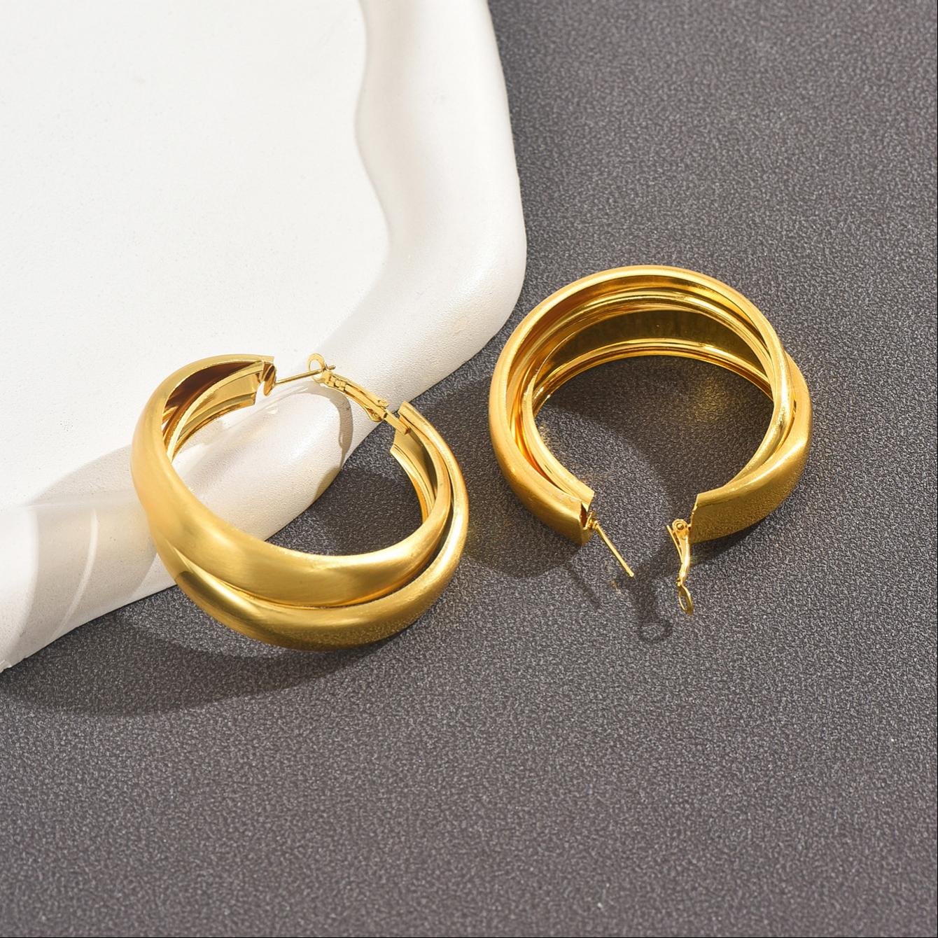 Vintage Textured Double Layer Hoop Earrings in 18K Gold Plated