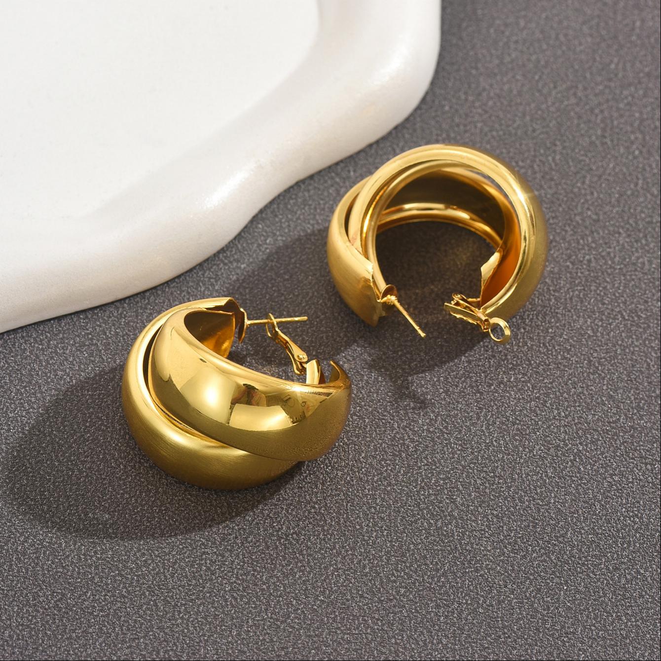 Vintage Textured Double Layer Hoop Earrings in 18K Gold Plated