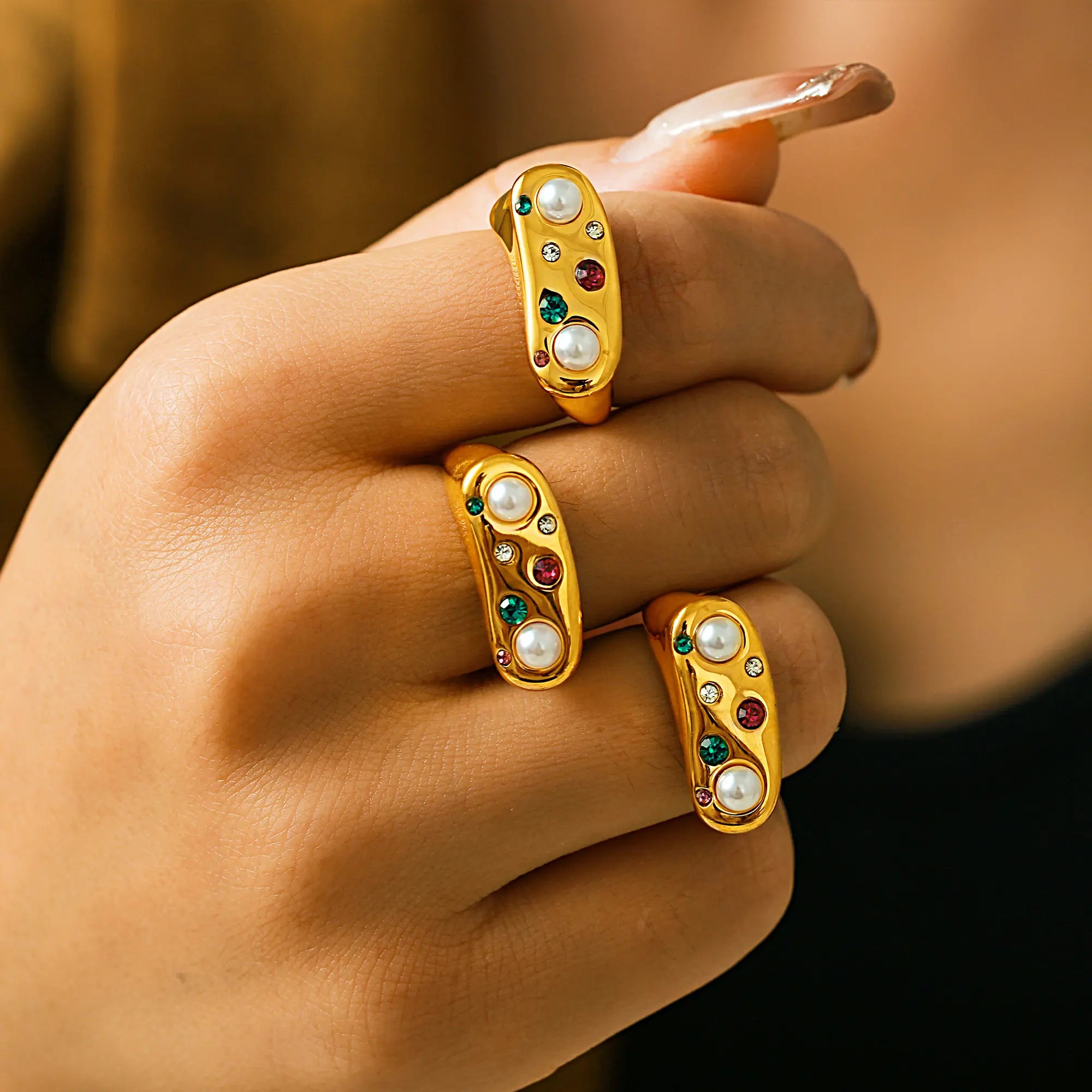 Vintage Colorful Crystal Pearl Open Ring