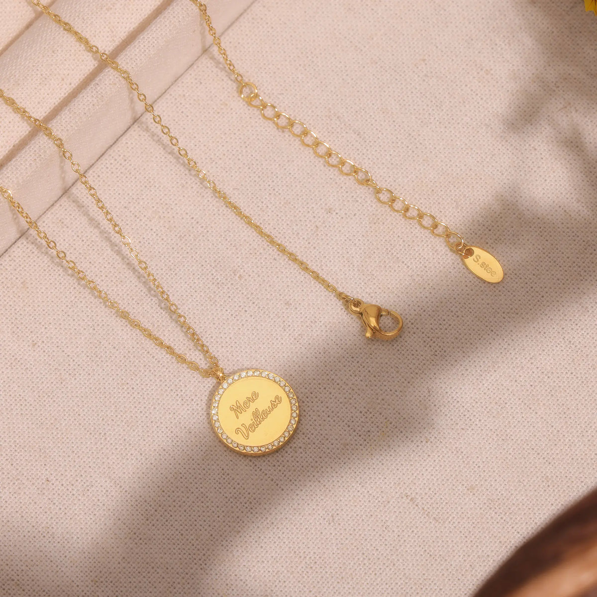 Paved CZ French Inscribed Medallion Layered Necklace & Bracelet Set
