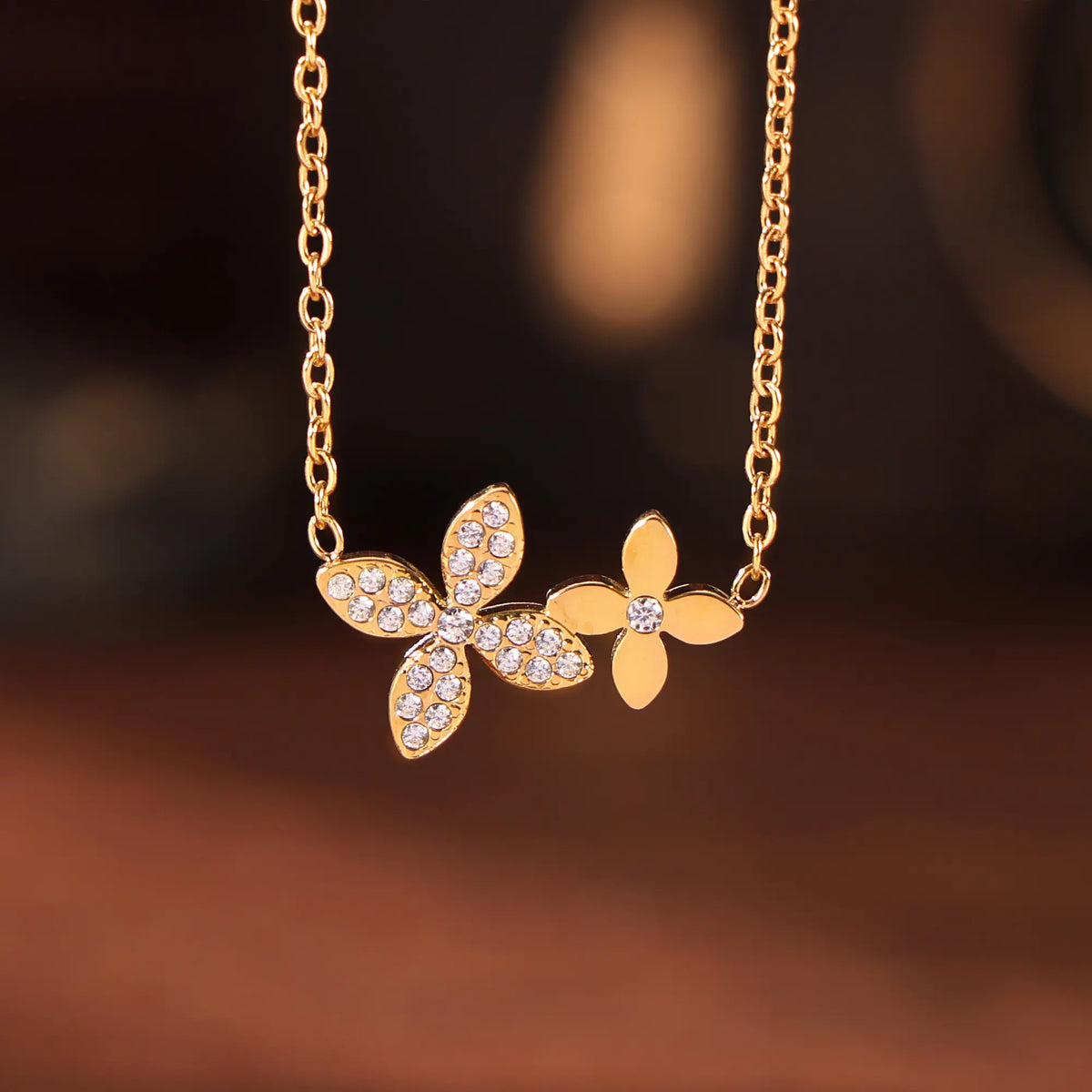 Dainty CZ Double Flower Layered Necklace & Bracelet Set