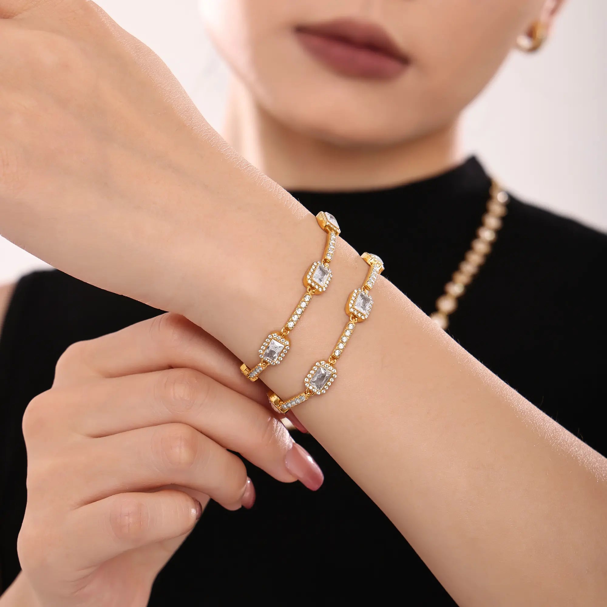 18K Gold Plated Emerald Cut CZ Geometric Station Bracelet