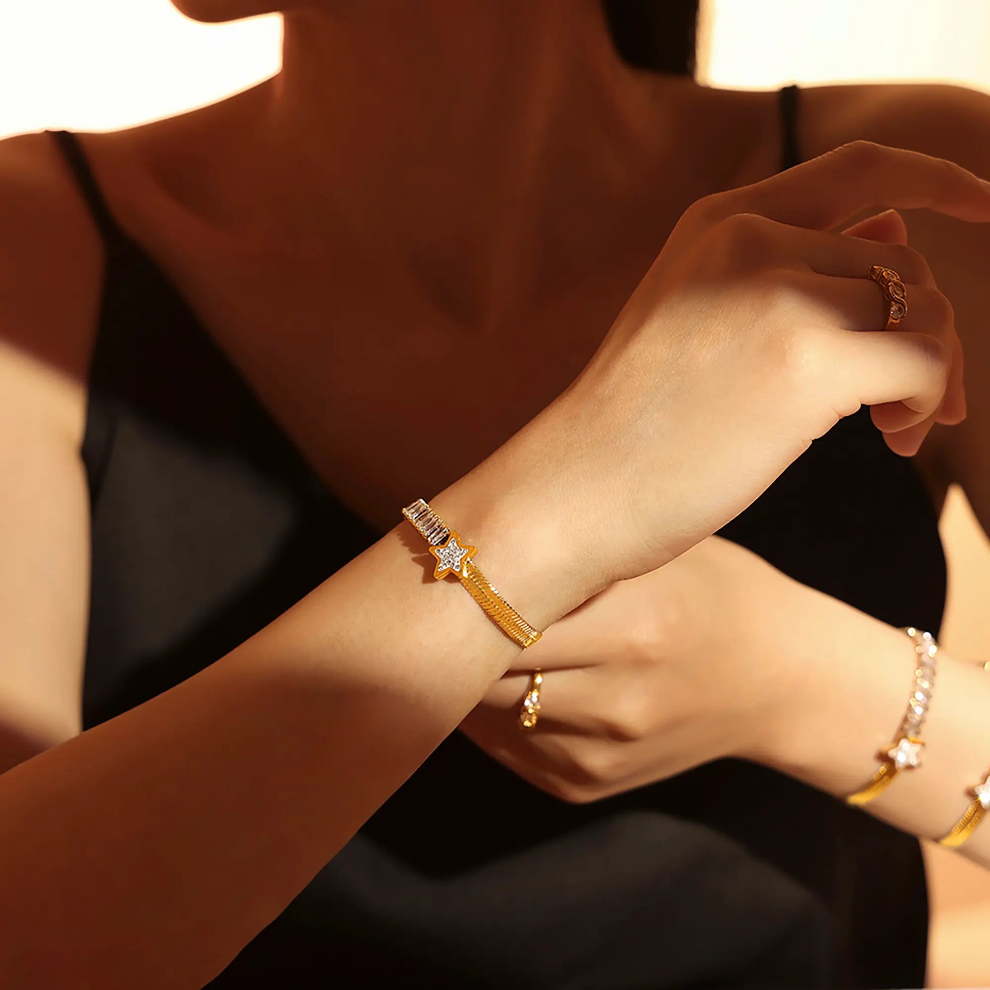 18K Gold Plated Star Baguette Cubic Zirconia Herringbone Bracelet