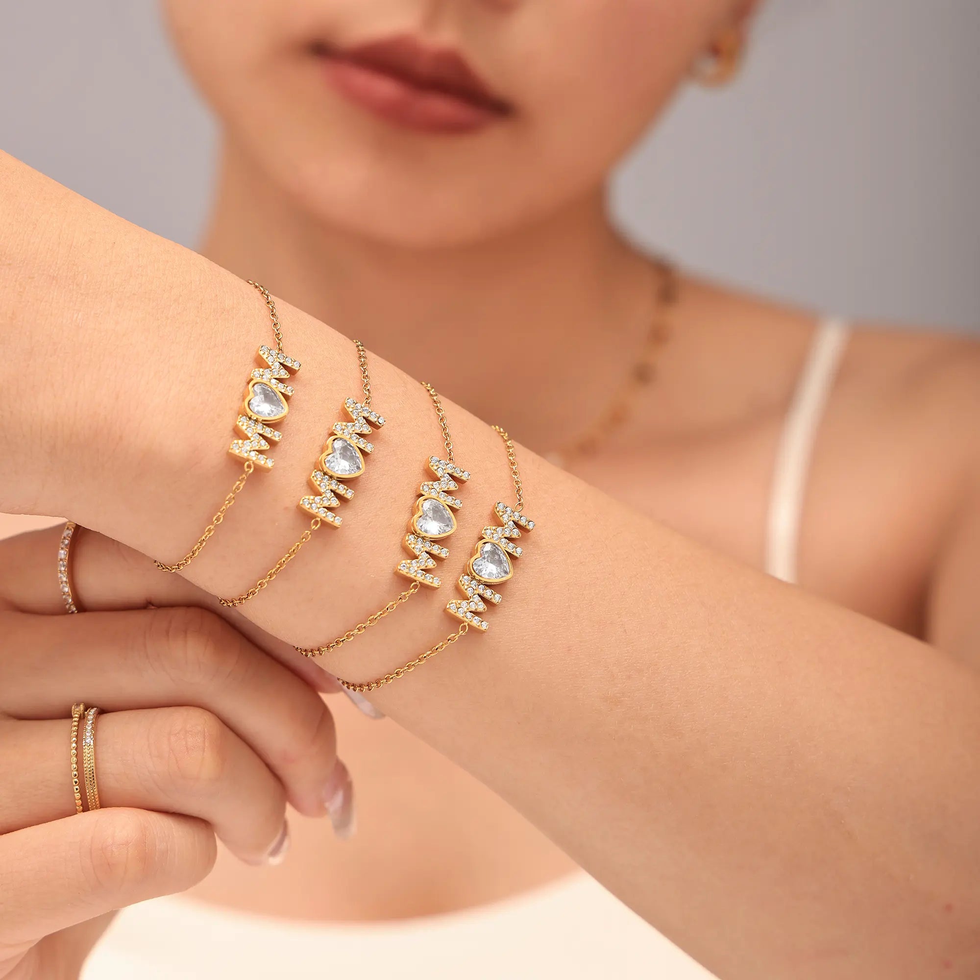 18K Gold Plated MOM Heart Crystal Chain Bracelet