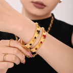 18K Gold Plated Clover Gemstone Hinged Bangle Bracelet