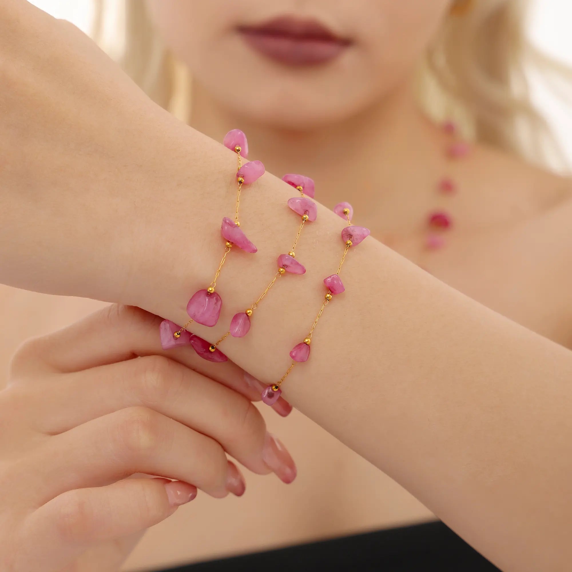 Boho Pink Raw Gemstone Necklace & Bracelet Set