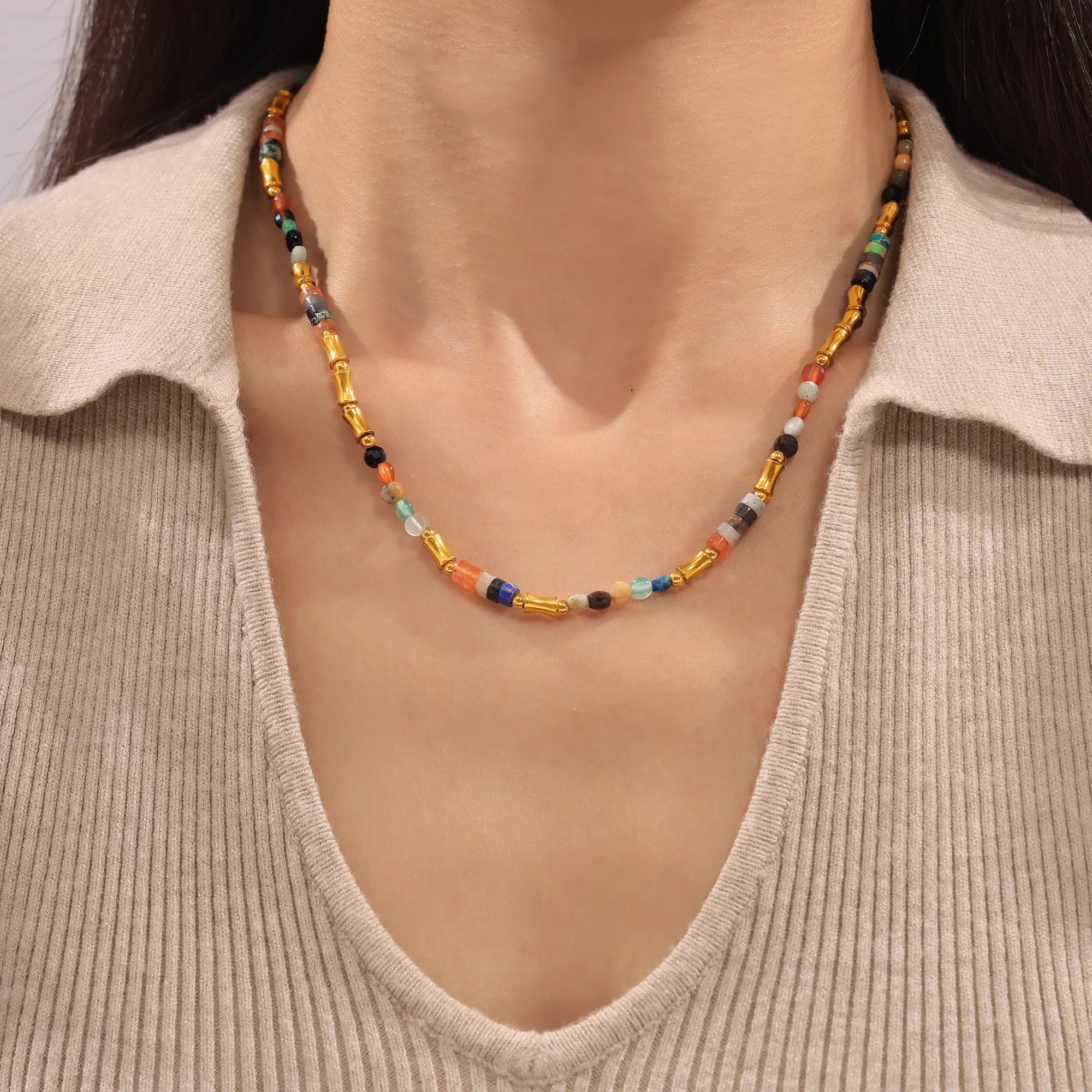 Boho Colorful Natural Stone Beaded Choker Necklace