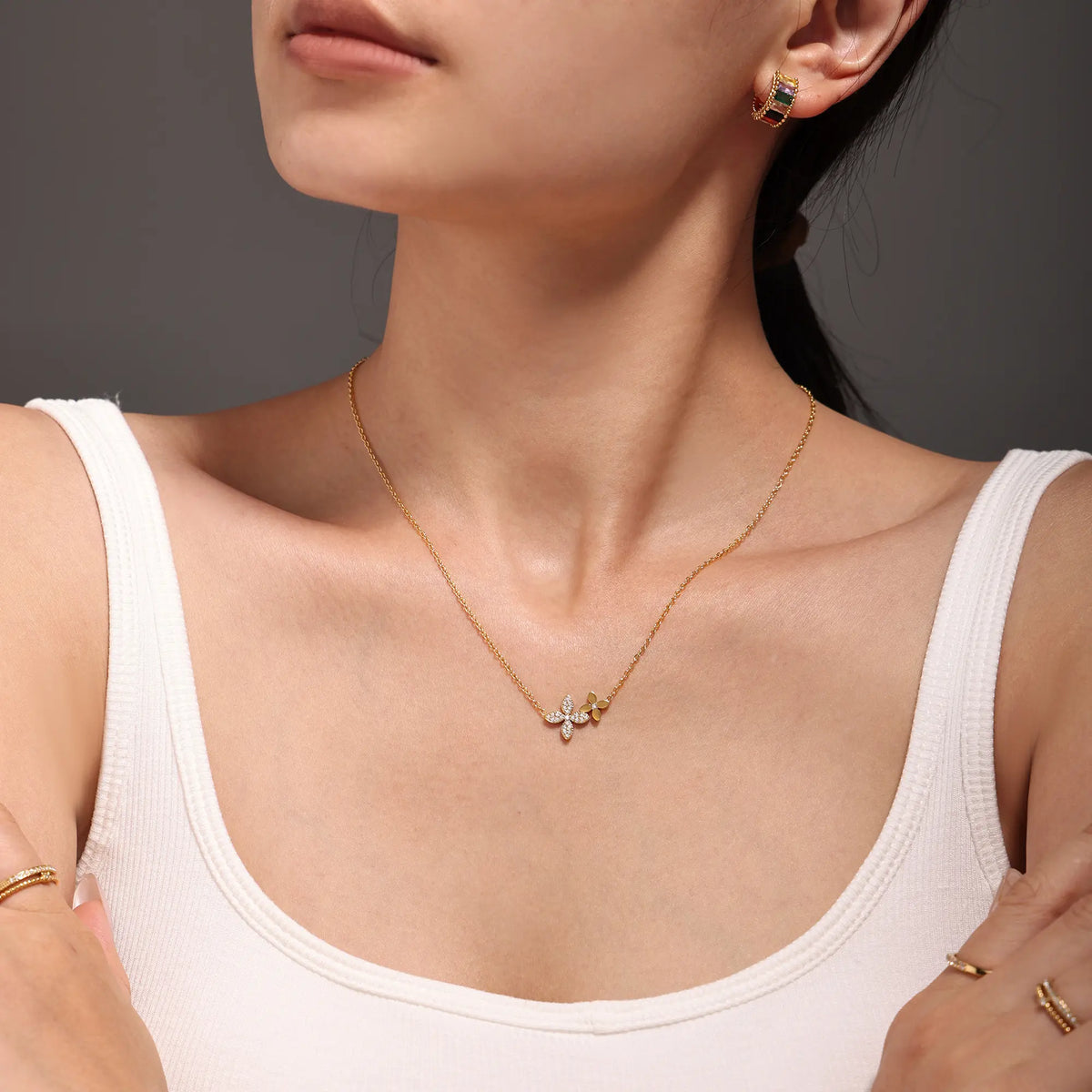 Dainty CZ Double Flower Layered Necklace & Bracelet Set