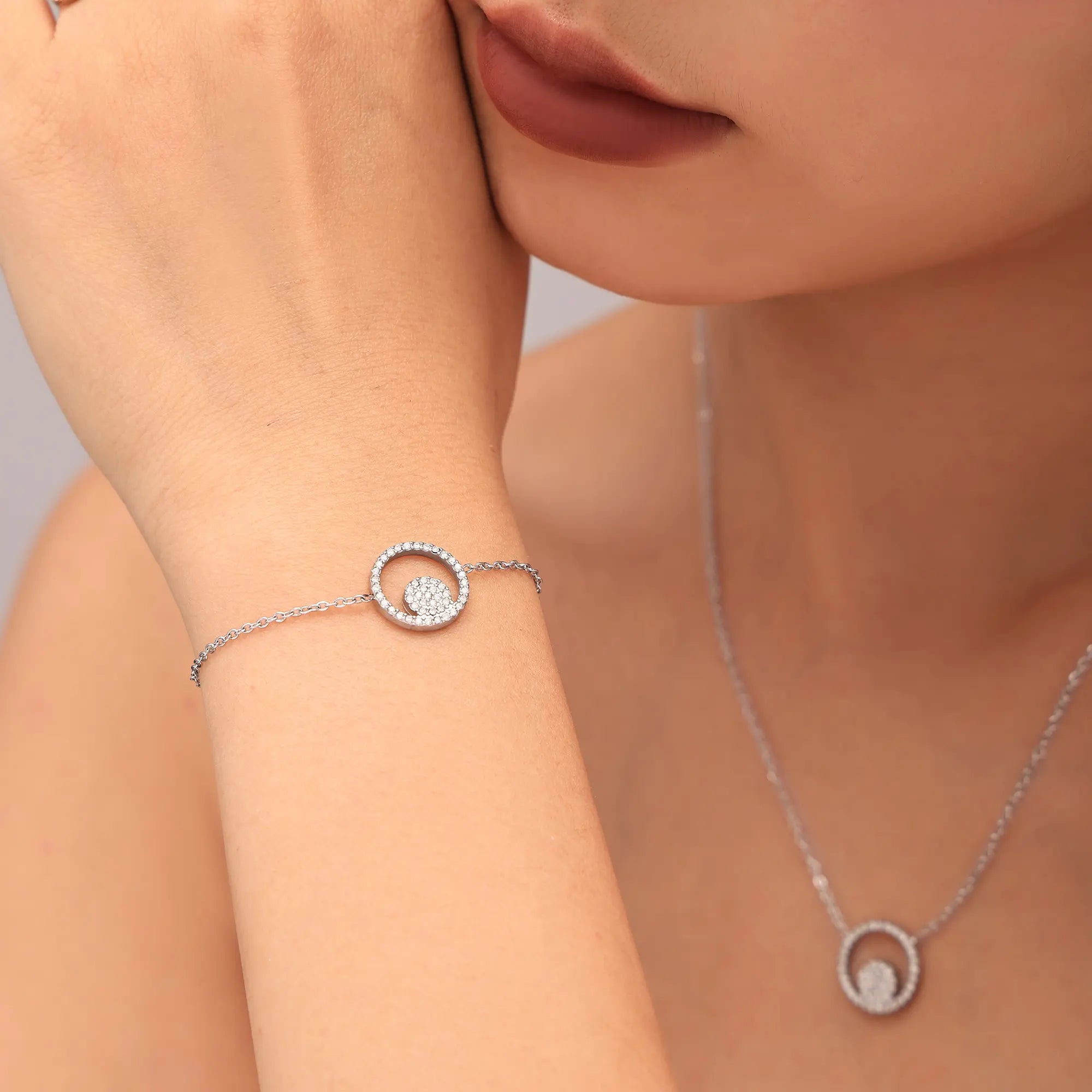 Double Circle CZ Necklace Bracelet & Ring Jewelry Set