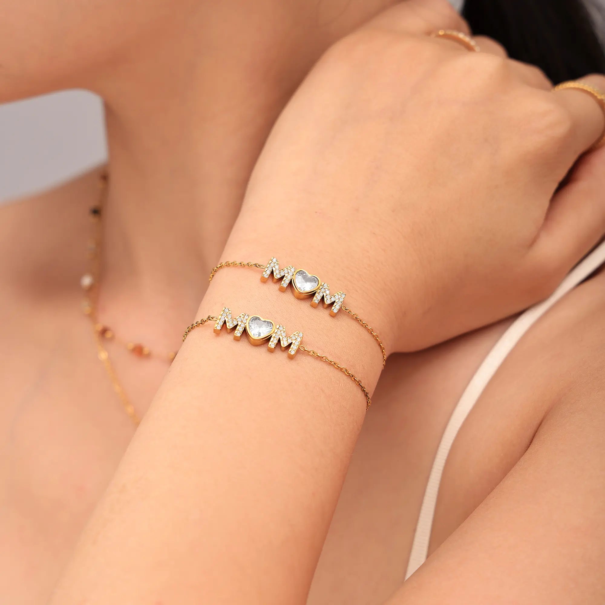 18K Gold Plated MOM Heart Crystal Chain Bracelet