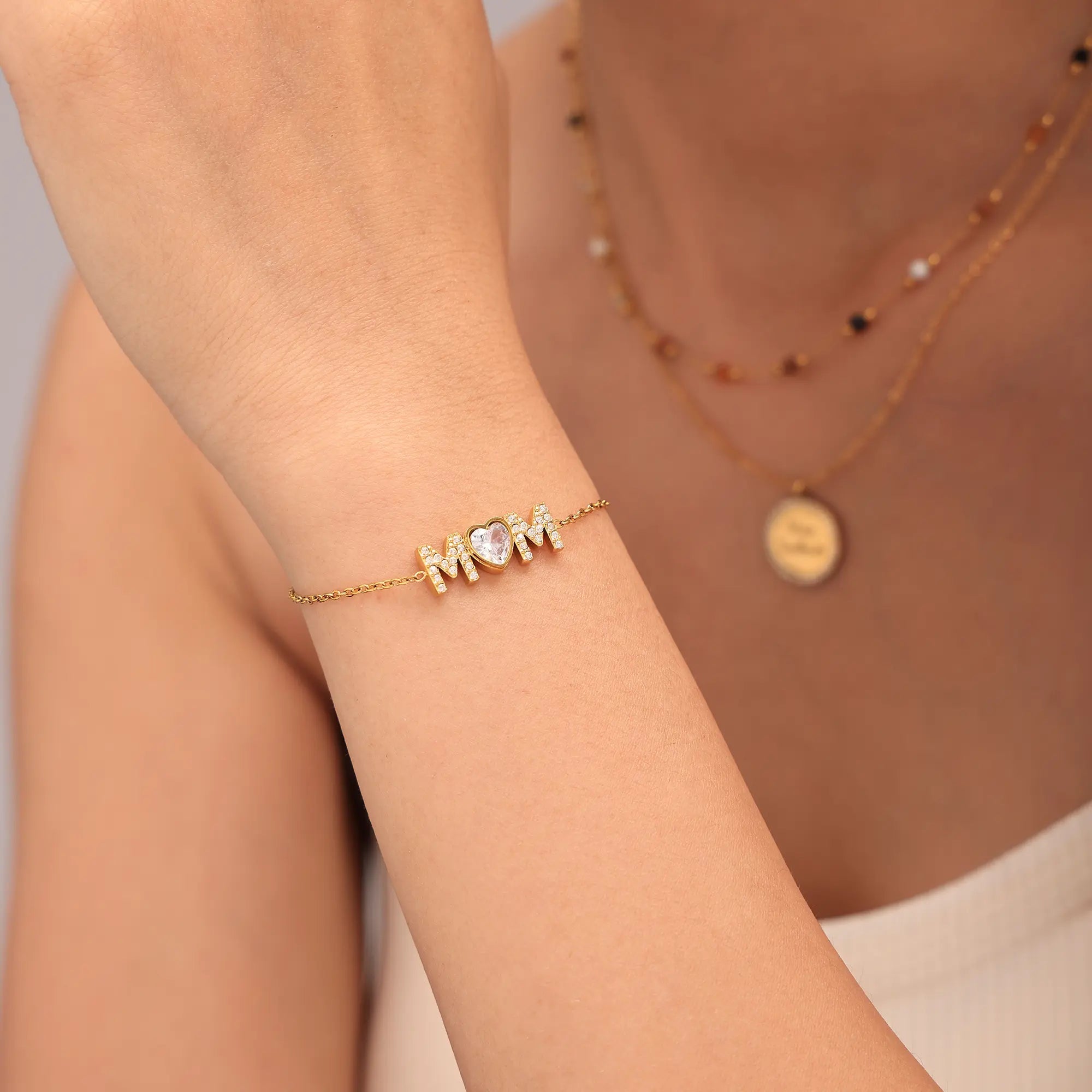 18K Gold Plated MOM Heart Crystal Chain Bracelet