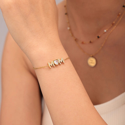 18K Gold Plated MOM Heart Crystal Chain Bracelet