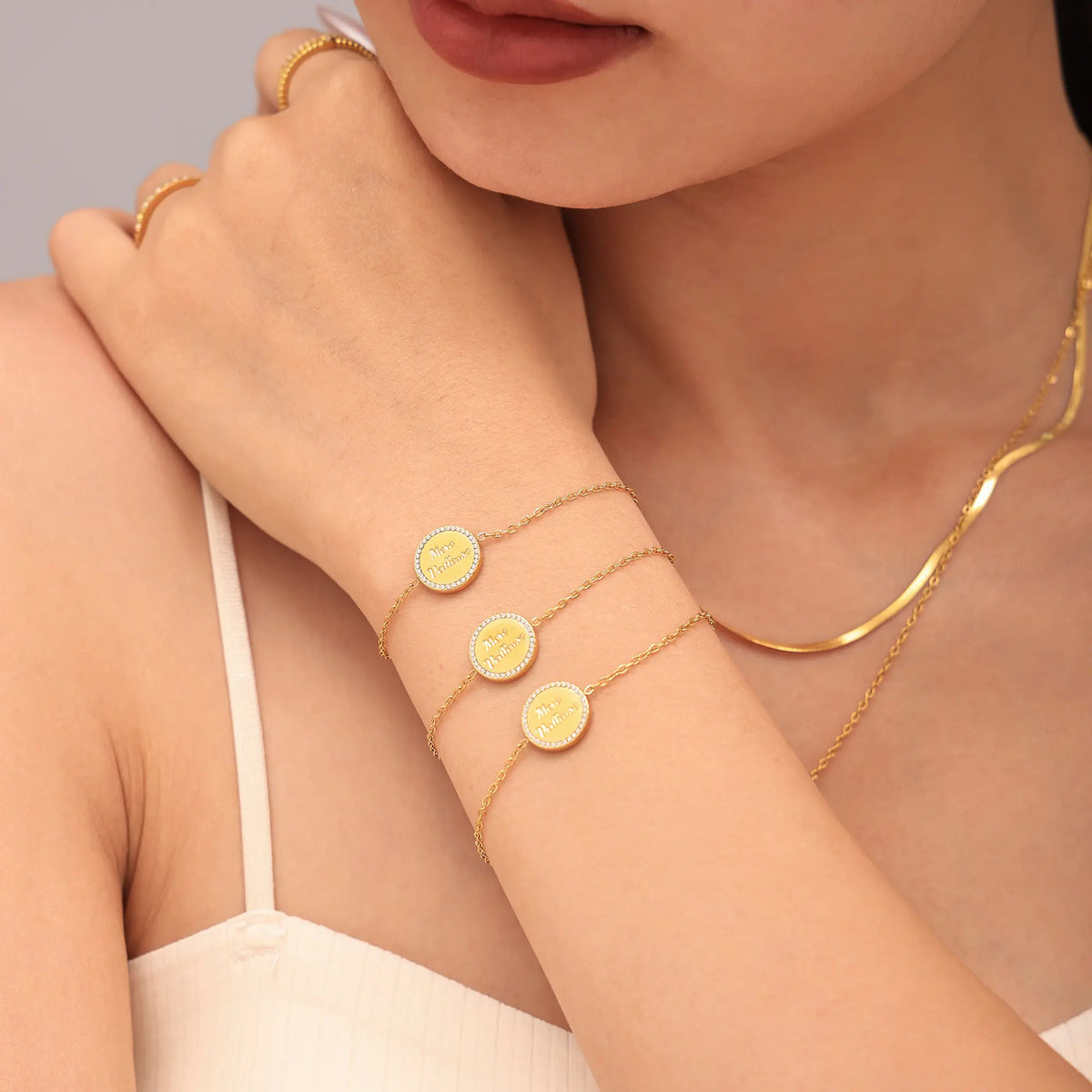 Paved CZ French Inscribed Medallion Layered Necklace & Bracelet Set