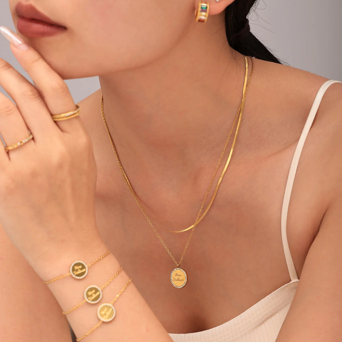 Paved CZ French Inscribed Medallion Layered Necklace & Bracelet Set