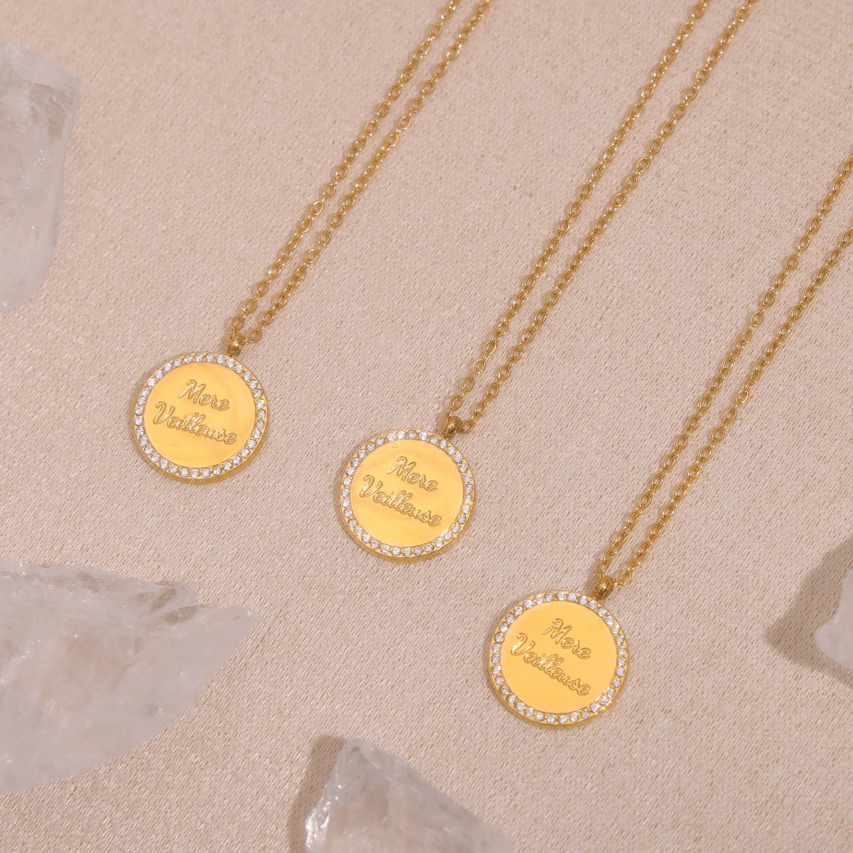 Paved CZ French Inscribed Medallion Layered Necklace & Bracelet Set