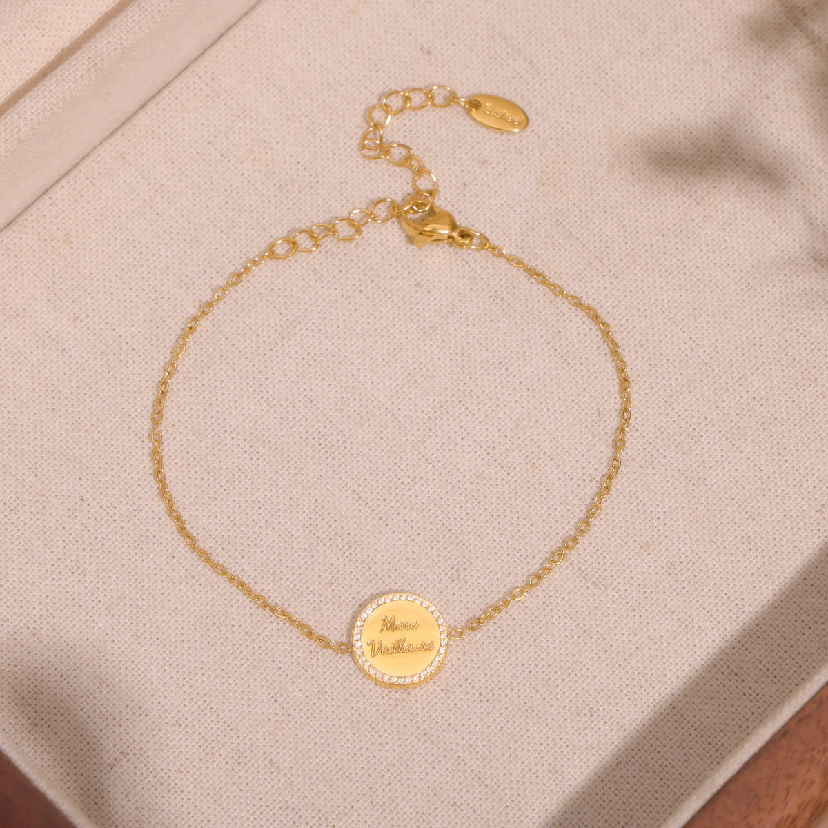 Paved CZ French Inscribed Medallion Layered Necklace & Bracelet Set