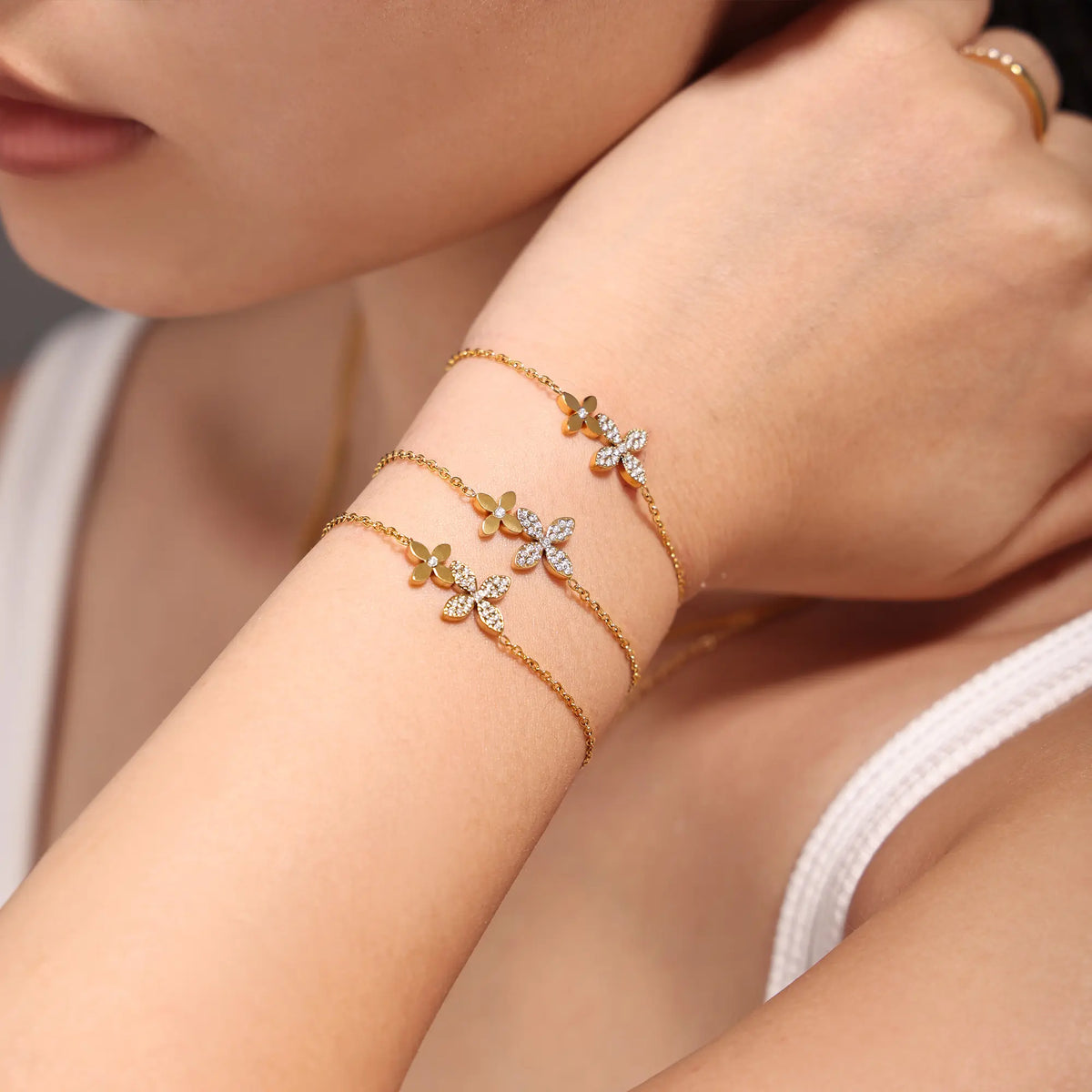 Dainty CZ Double Flower Layered Necklace & Bracelet Set