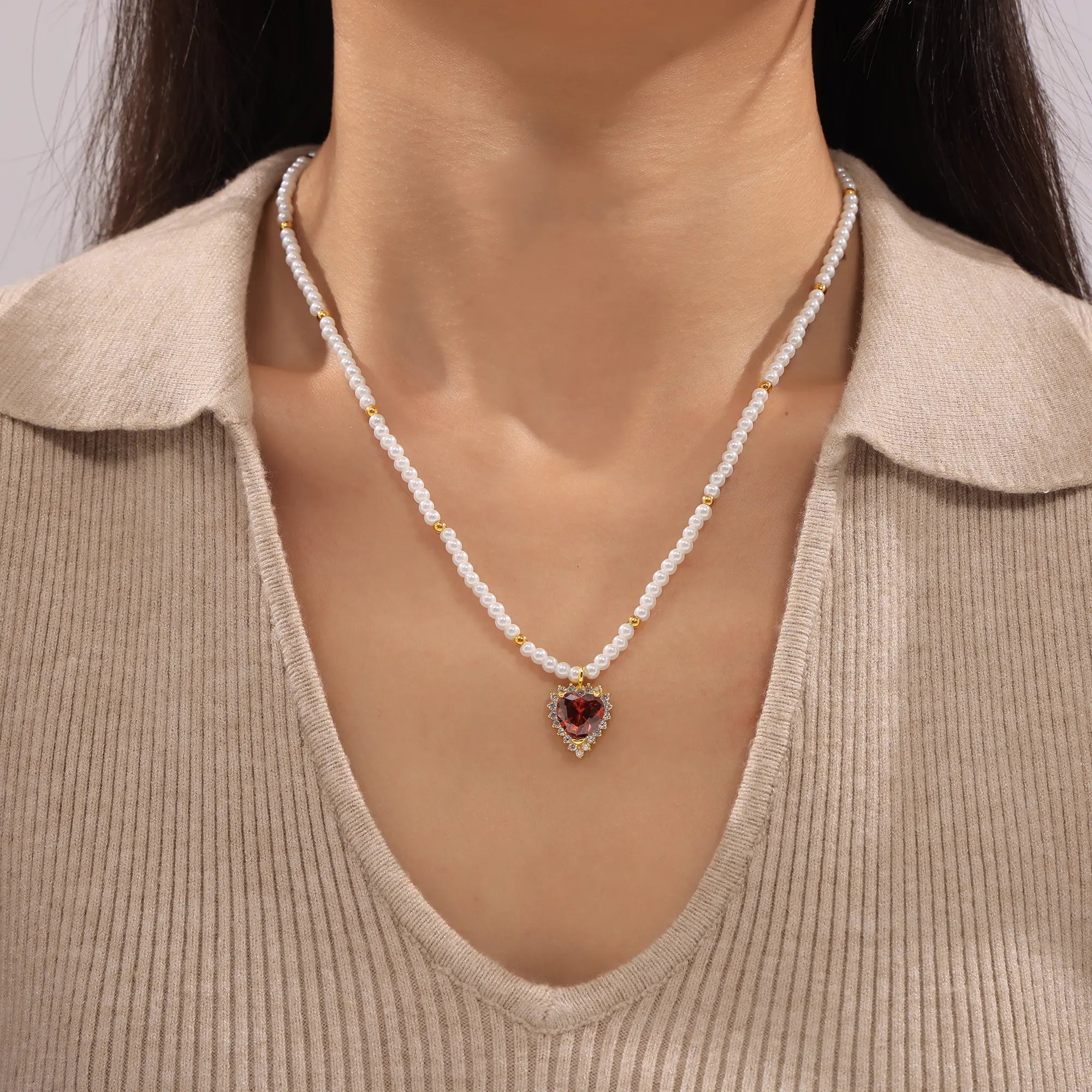 Vintage CZ Zirconia Heart Pendant Pearl Necklace