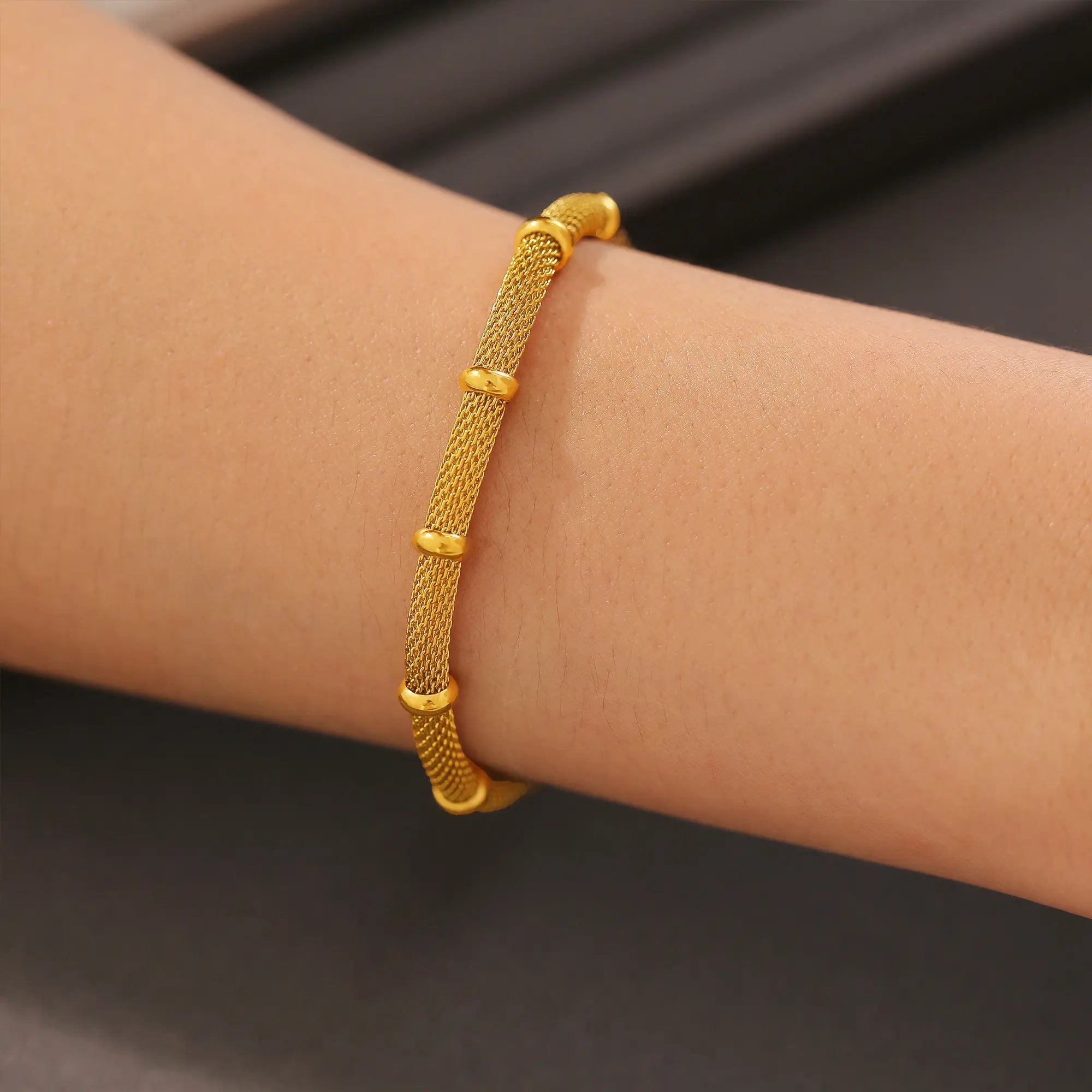 18K Gold Bamboo Mesh Chain Bracelet