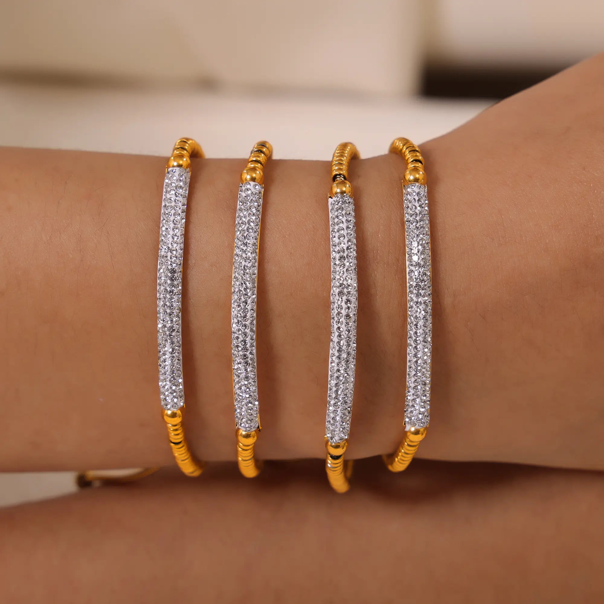18K Gold Plated Curved Pave CZ Bar Snake Chain Slider Bracelet