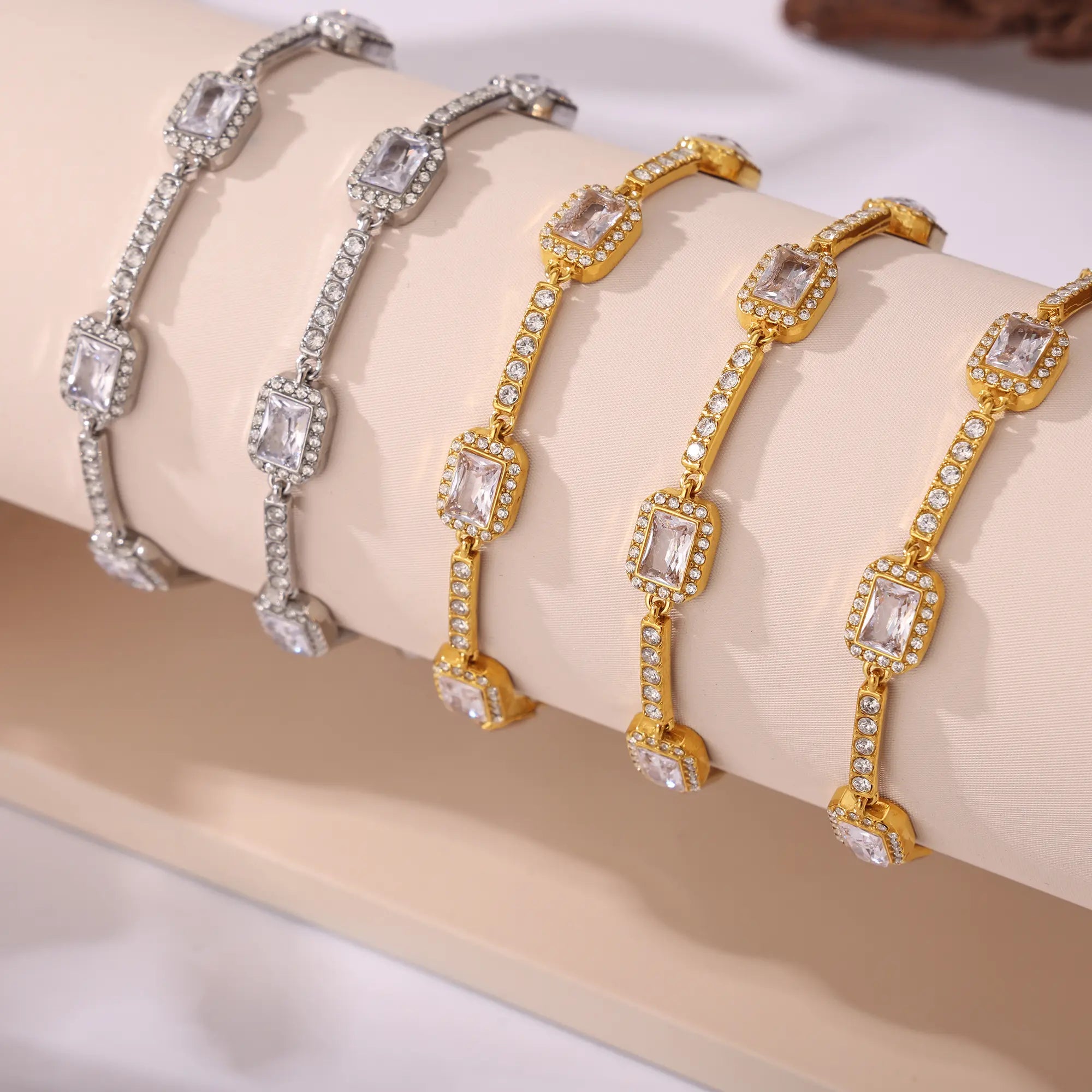 18K Gold Plated Emerald Cut CZ Geometric Station Bracelet