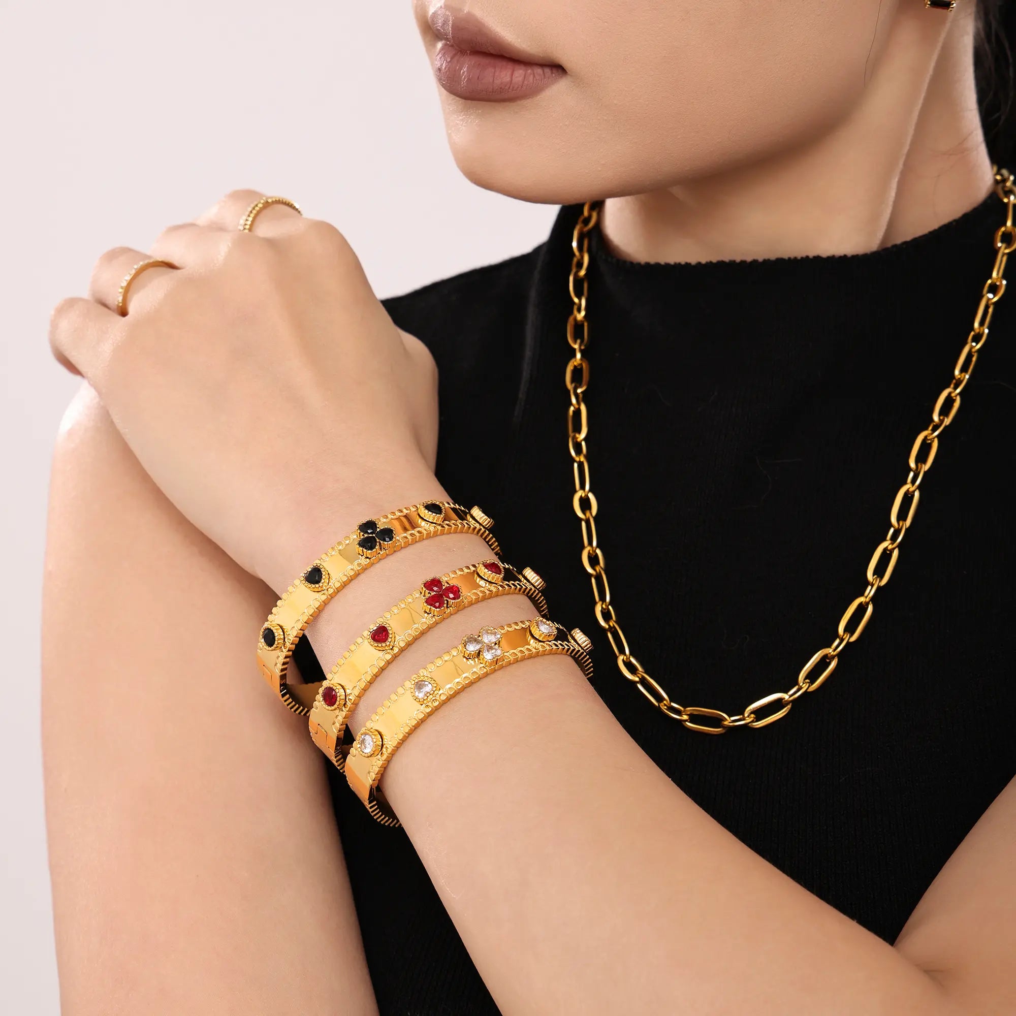 18K Gold Plated Clover Gemstone Hinged Bangle Bracelet