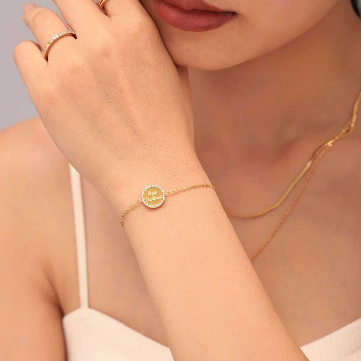 Paved CZ French Inscribed Medallion Layered Necklace & Bracelet Set