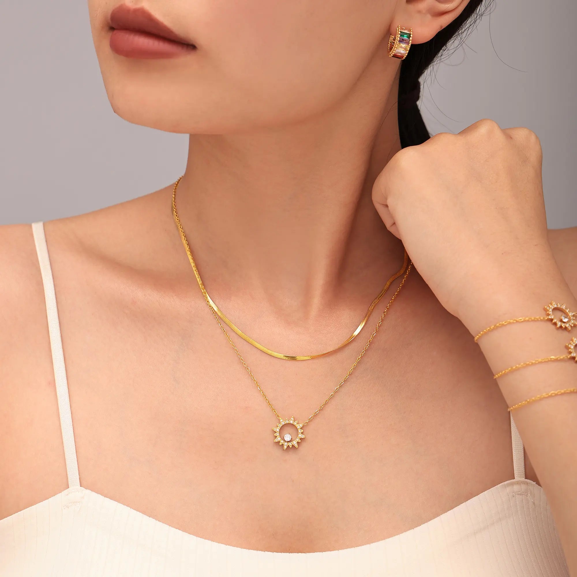 Sparkling Sunburst CZ Pendant Necklace & Bracelet Jewelry Set