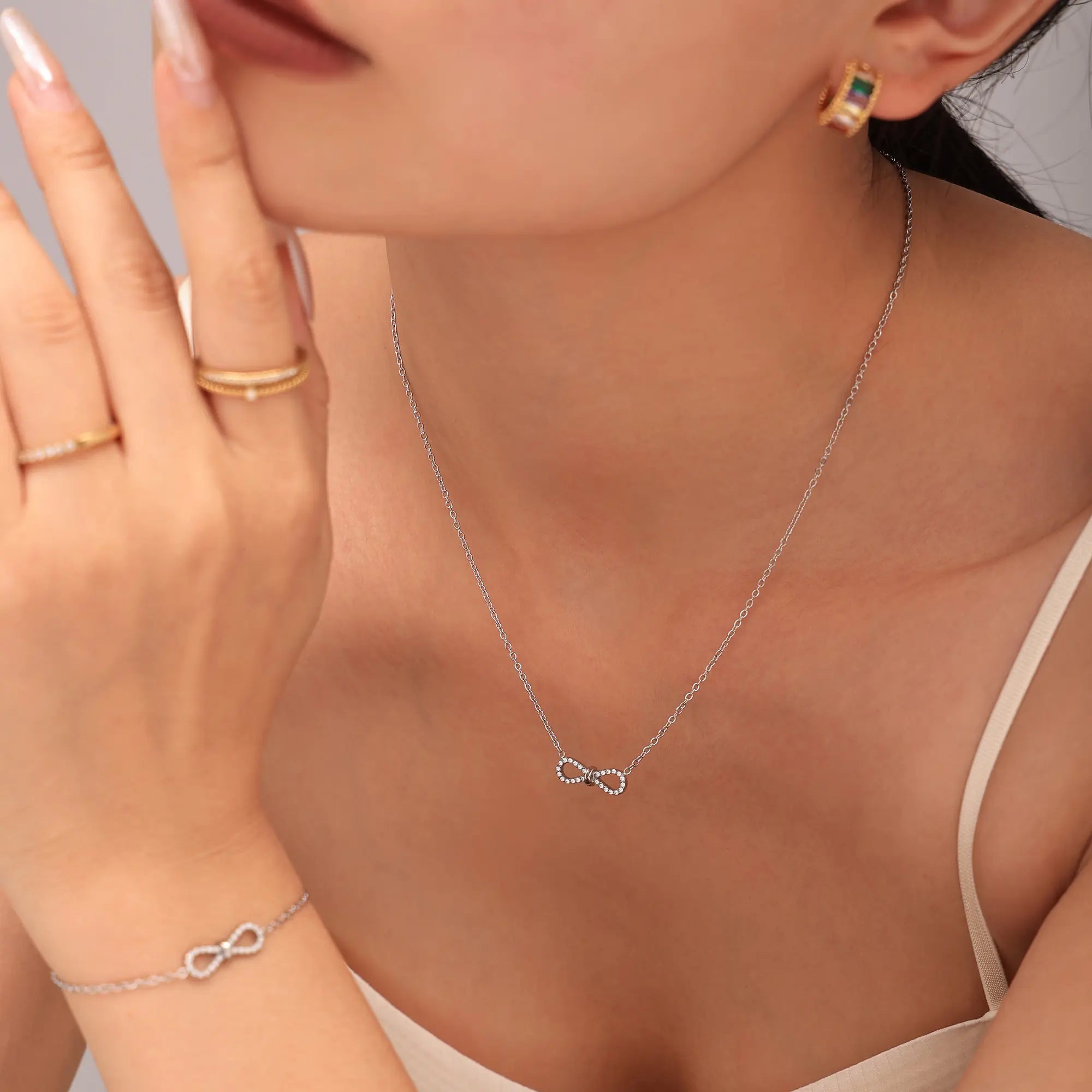 Sparkling Infinity CZ Layered Necklace & Bracelet Jewelry Set