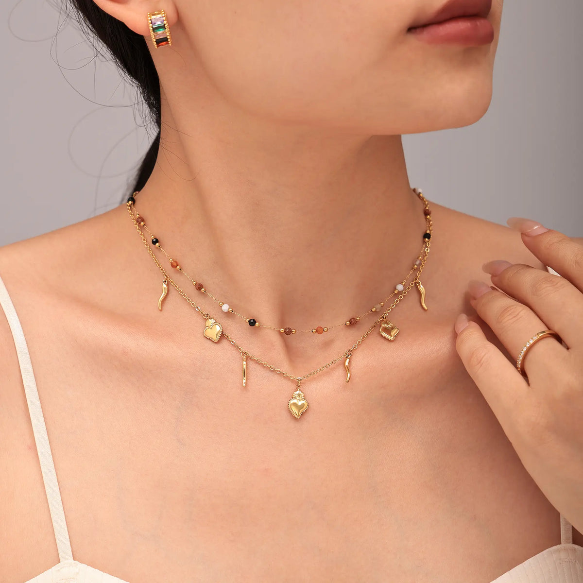 Sacred Heart & Italian Horn Charm Layered Necklace & Bracelet Set