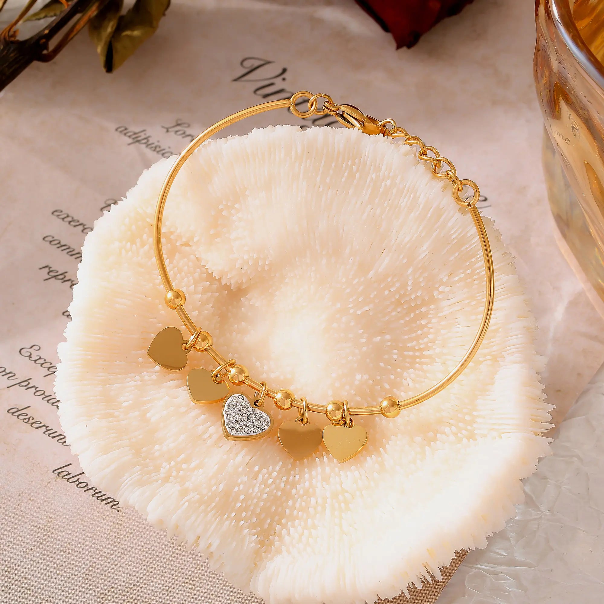 Pave Crystal Heart Charm Bangle Bracelet