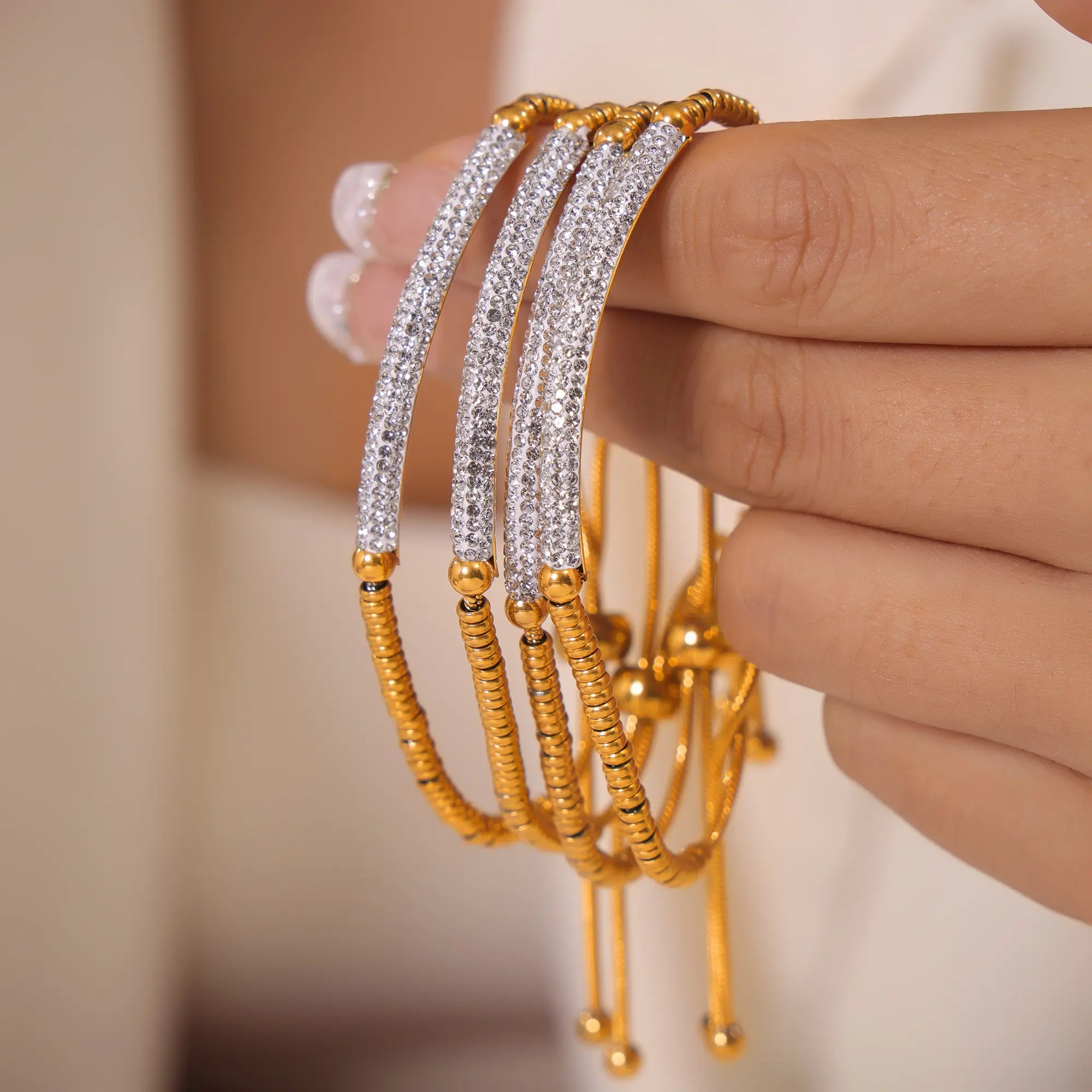 18K Gold Plated Curved Pave CZ Bar Snake Chain Slider Bracelet