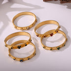 18K Gold Plated Clover Gemstone Hinged Bangle Bracelet